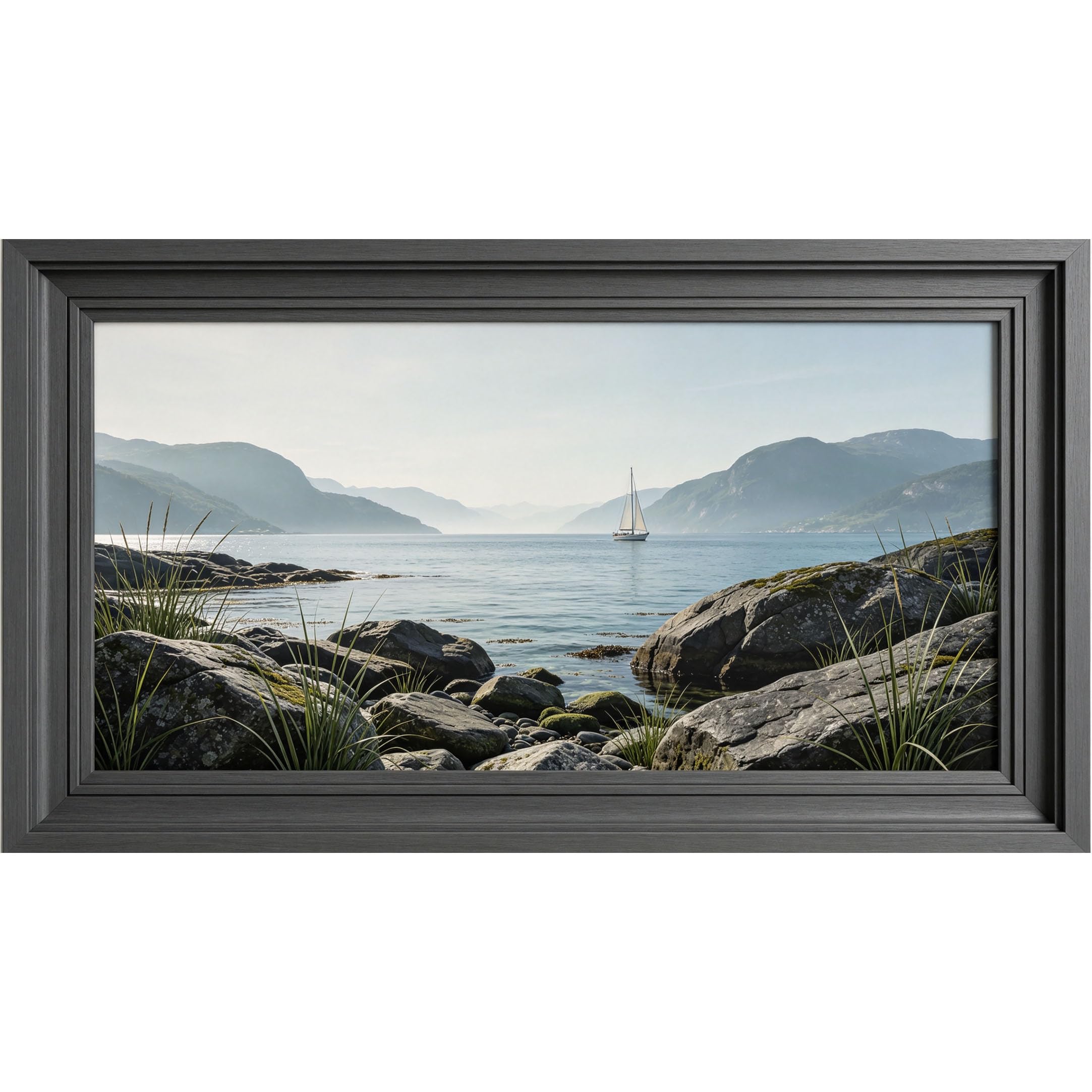 QZLITHOTIC 50x90cm3D Framed Wall Art， Coastal Mountain Lake Sailboat Landscape Self‑Adhesive Mural， Water‑Activated Peel & Stick Fabric Decor Wall Decal for Bedroom Living Room