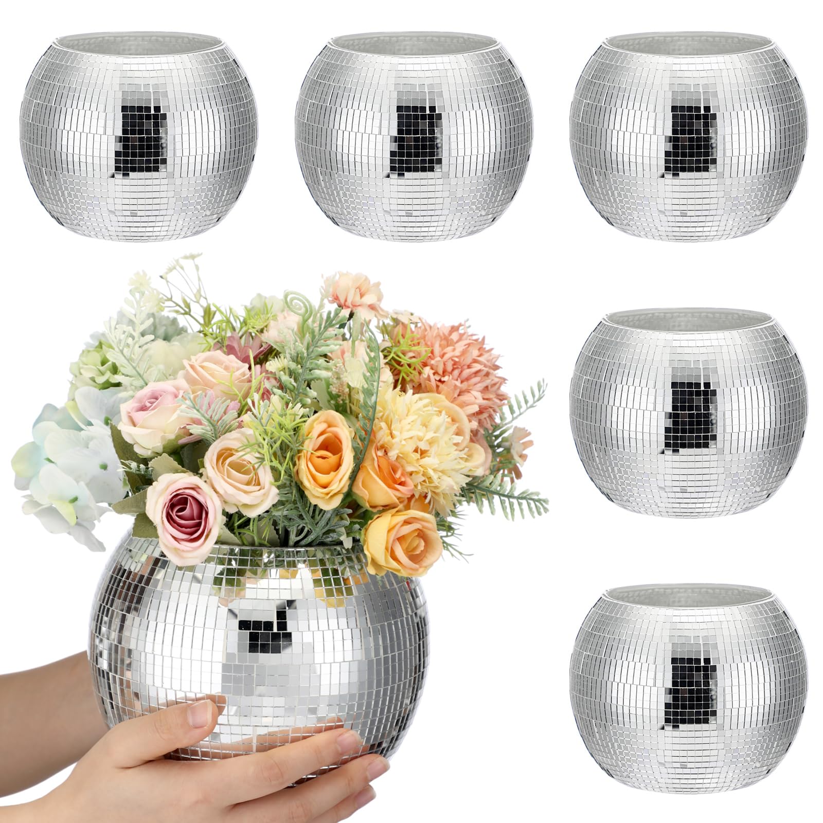 Photo 1 of ***PLASTIC*** Inbagi 6 Pcs Disco Ball Planter Disco Ball Vase Centerpieces Mirror Glass Flower Vase Decor for Wedding Birthday Party Bedroom Kitchen Office, 5.5 x 7 Inch, Silver