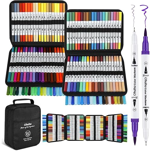 Ohuhu Markers for Adult Coloring Books No Bleeding 160 Colors Water-based Dual Tips Fineliner & Brush Coloring Markers for Kids Adults Beginners Drawing Pens for Journaling Lettering - Maui - White