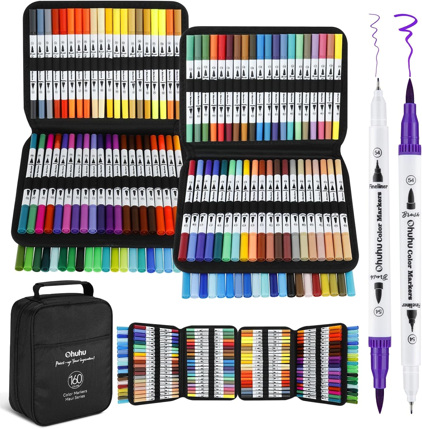 Ohuhu 160 Kleuren Dubbelzijdige Art Markers, Kwast & Fineliner Pens voor Volwassenen Kleurboeken, Tekenen, Kalligrafie, Schetsen & Journaling, Met Opbergtas (Maui Serie)