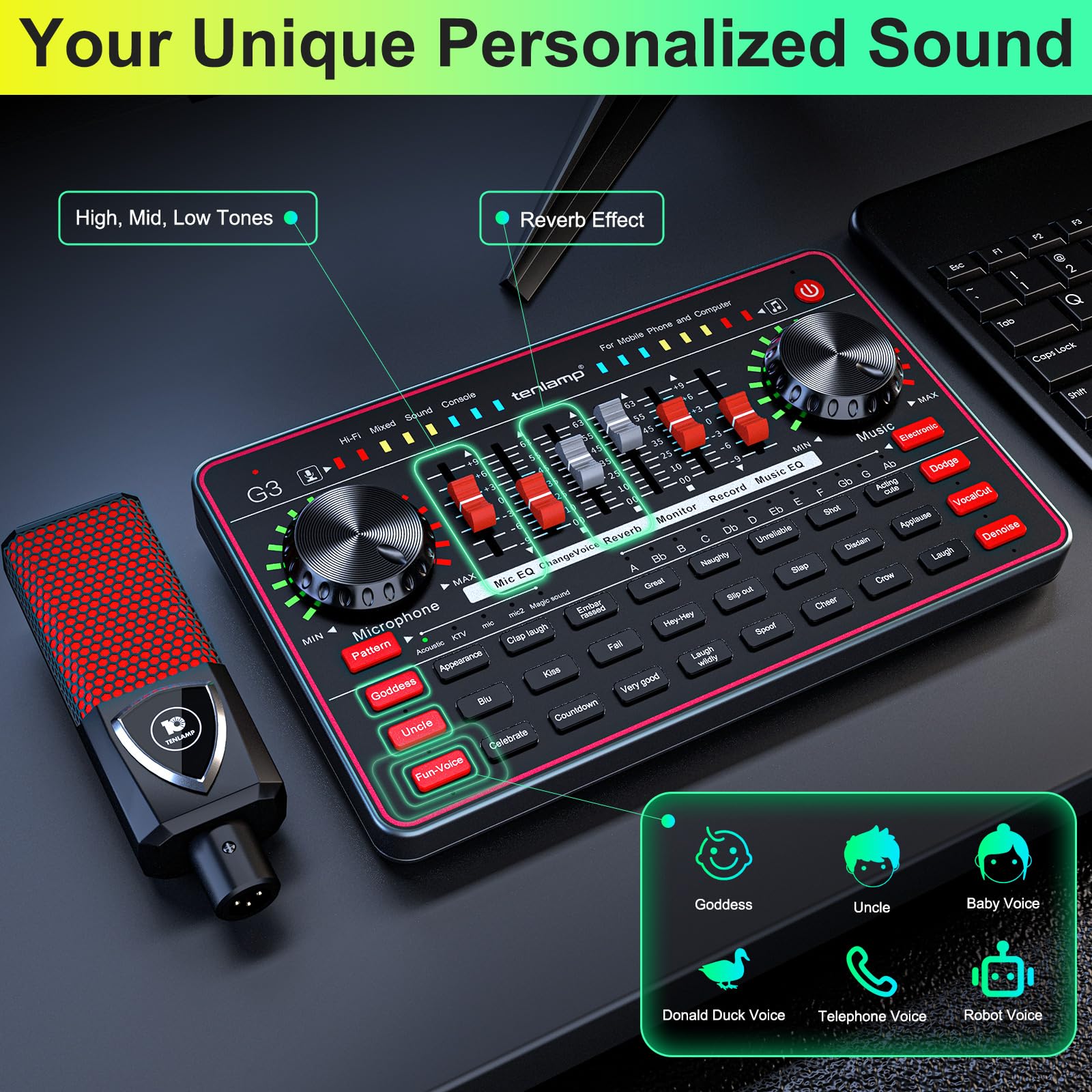 TENLAMP G3 Podcast-Equipment, Audio-Interface mit Soundeffekten, 3,5mm Kondensatormikrofon-Set, Tischstativ, Stimmenverzerrer, Rauschunterdrückung, für PC, Handy, Gaming, Gesang, Live-Streaming