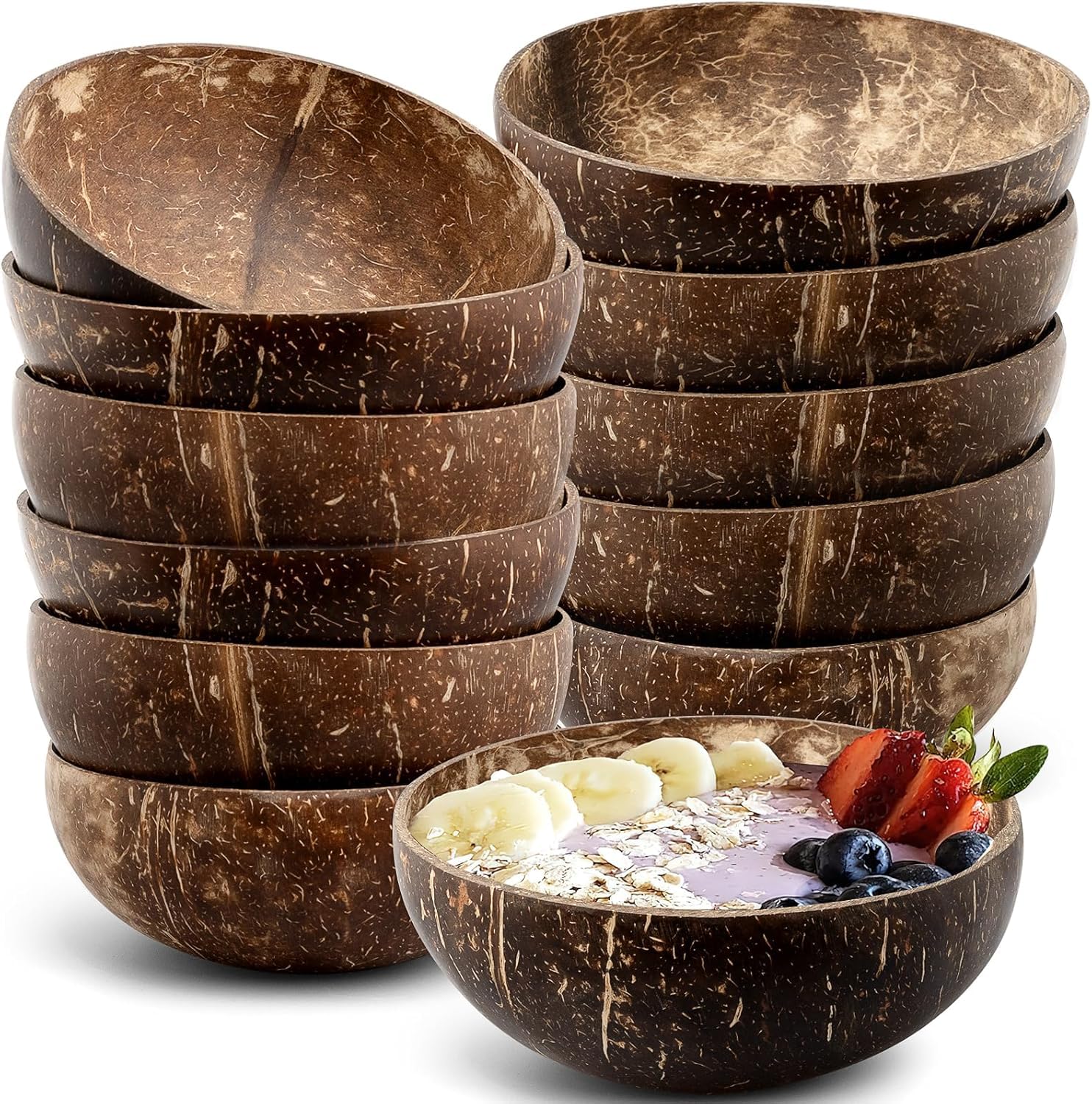 MALLOOM Lot de 12 bols en coquille de noix de coco, bols polis en bois 400 ml, bol naturels pour smoothie et açaï, bol Bouddha, idée cadeau vegan, décoration de cuisine