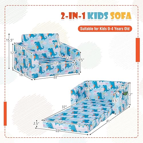 Miniatura 3 de COSTWAY Sofá para niños, sofá convertible 2 en 1 para niños con bolsillo de almacenamiento lateral, sofá abierto y cama con patrones de corte,