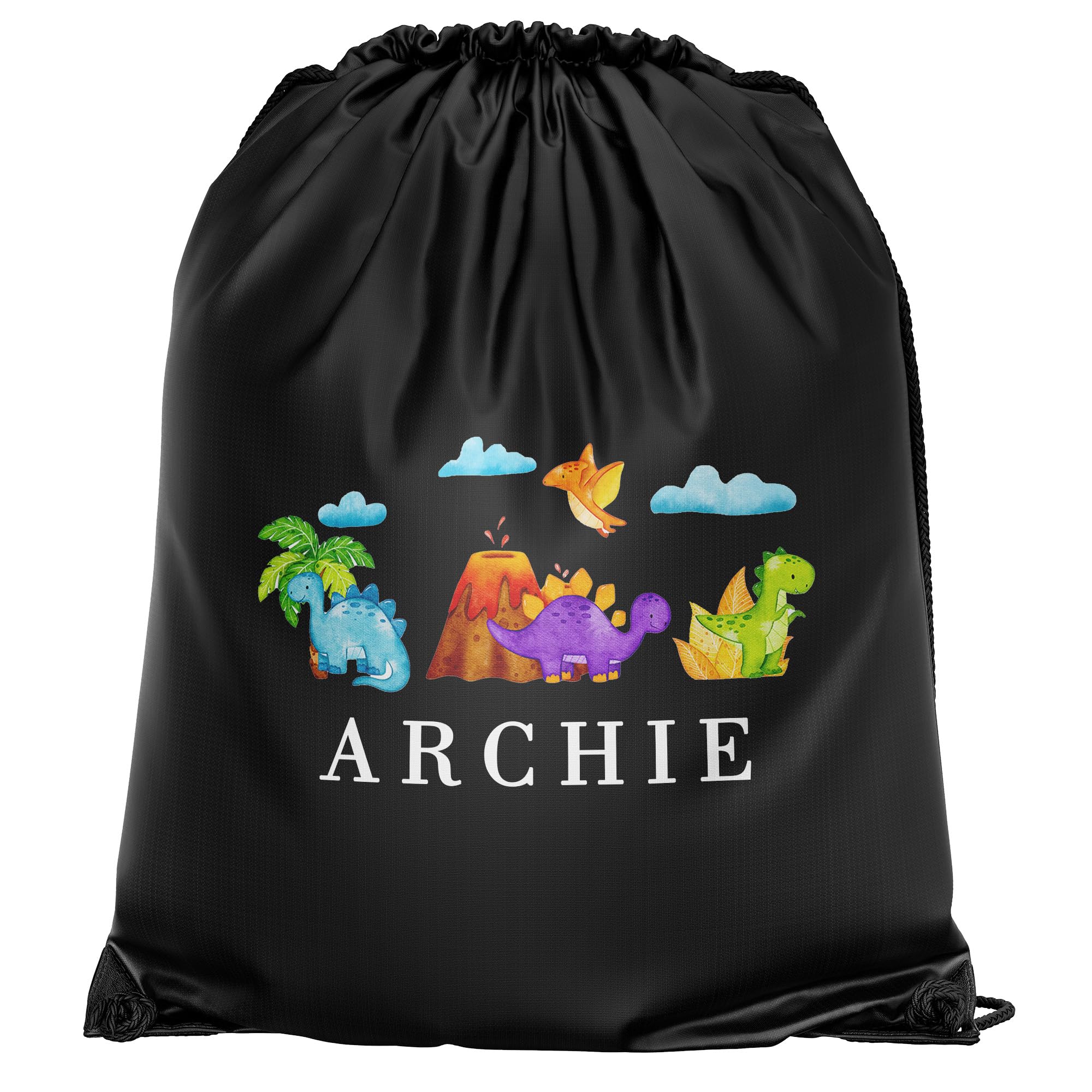Purple Print House Dinosaur Custom Drawstring Personalised Name with Baby Dino Design Back To School Infant Primary Boys PE Sports Bag, One Size, Black