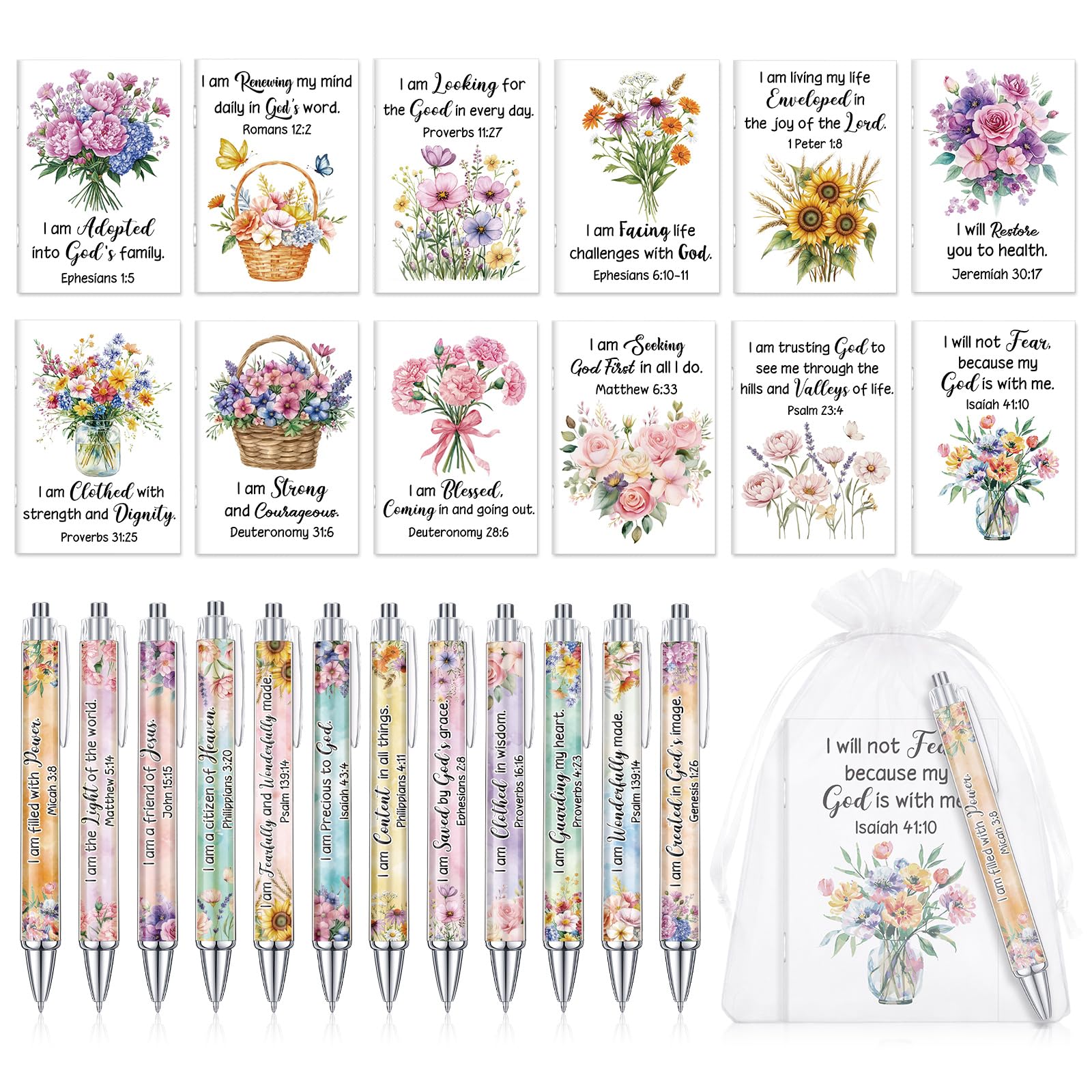 Mooliwe 24 Pcs Positive Affirmation Gift Set Gratitude Notebooks with Pens Small Bags Motivational Encouragement Notepads Daily Affirmations Journal for Women Stress Relief Self Care (Christian)