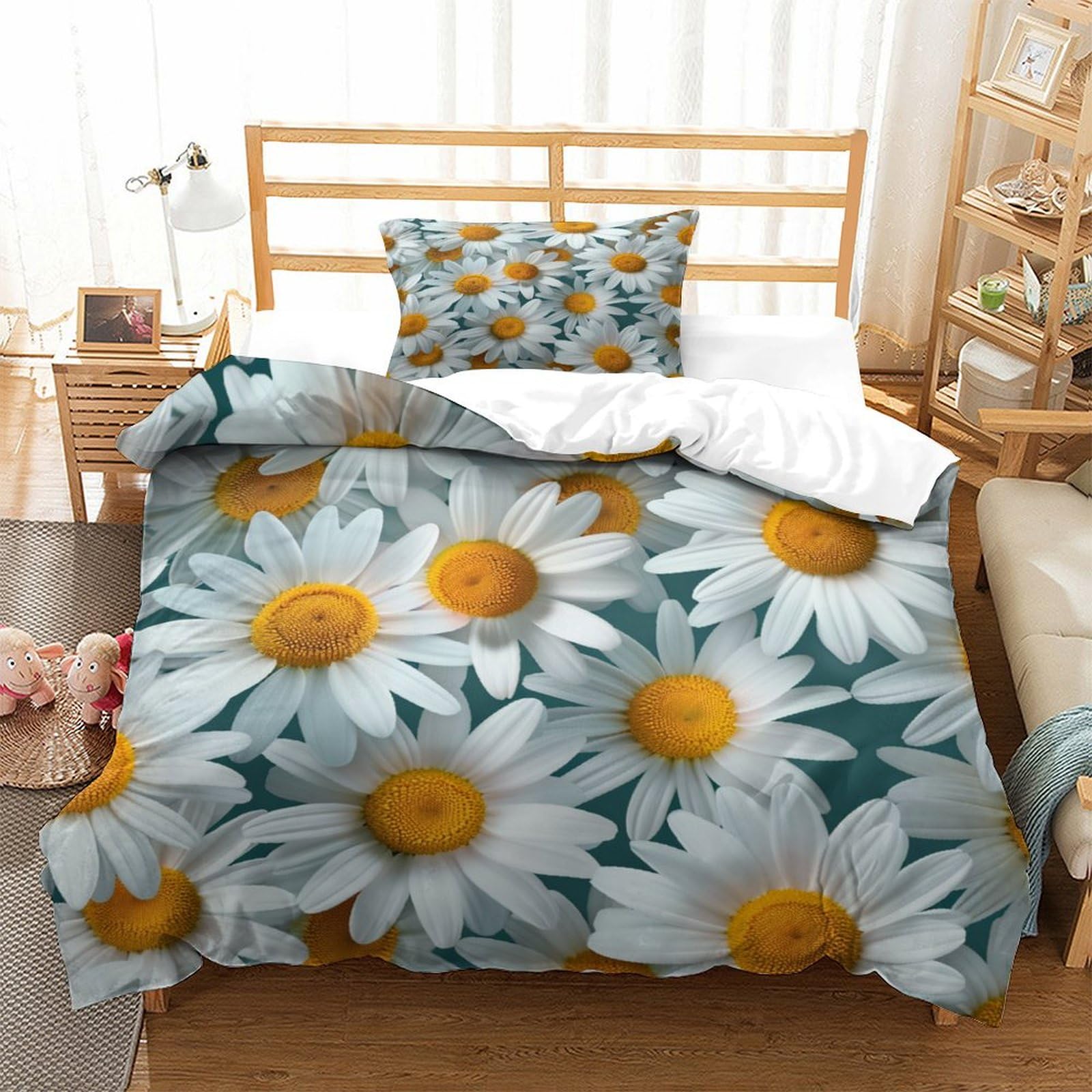 P1S9U7W5Y 3D Printed Daisy Floral 3 Piece Microfiber Duvet Cover Set Bedroom Decoration Bedding Set for Adults All Seasons Single（135x200cm）