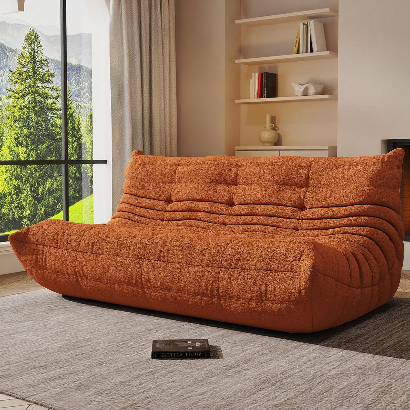 Giant Bean Bag Chair, Oversized Cloud Soft Memory Foam Bean Bag Sofa, Vacuum Compressed No Assembly Comfortable Lounge Couch for Living Room Family Rest Leisure Use (Orange, 3-Seater)