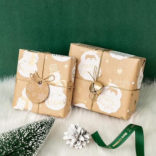 Miniatura 5 de LeZakaa Papel de regalo de estraza de Navidad, mini rollo, estampado de muñeco de nieve, ángelzorro en oro para envoltura de regalo, manualidades de