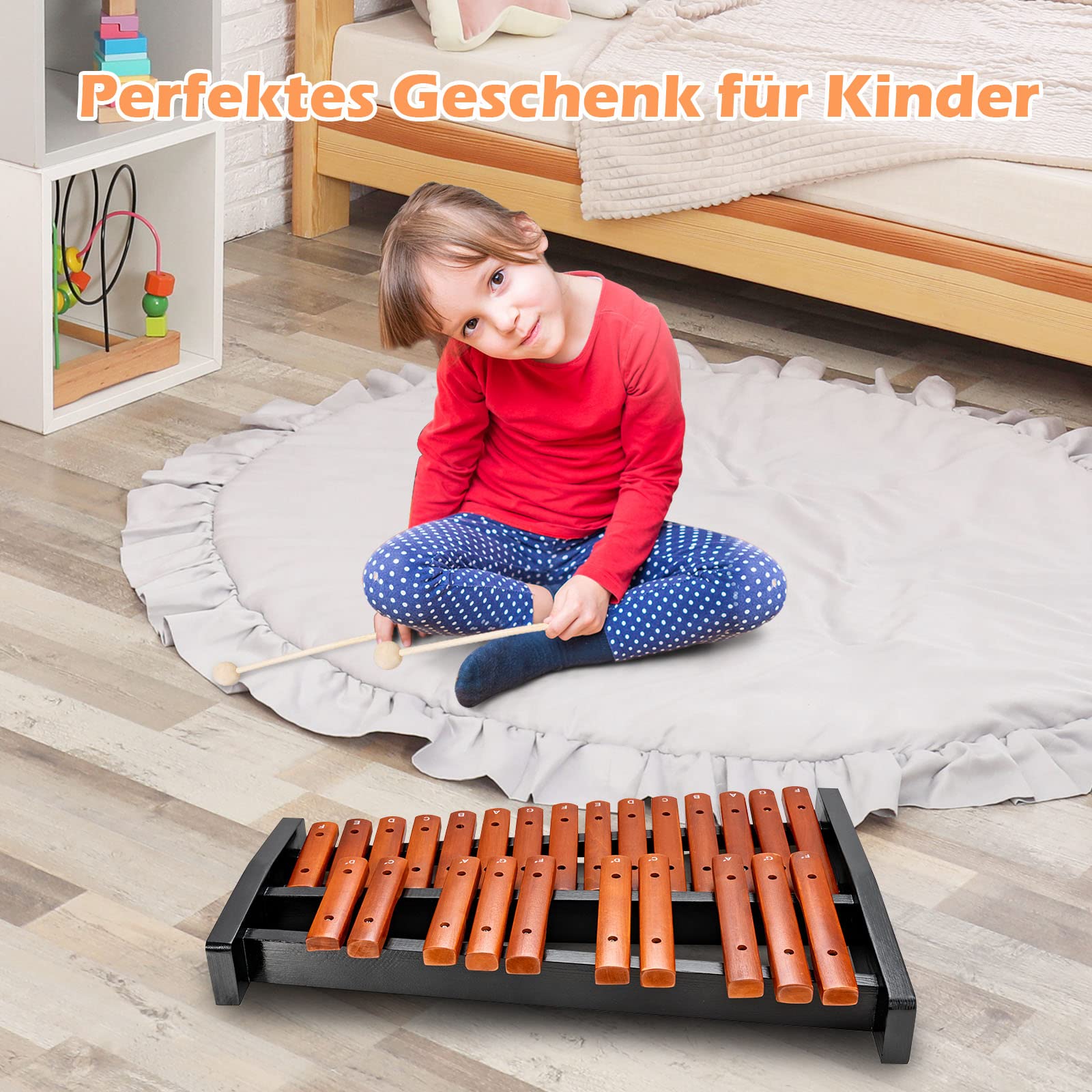 COSTWAY 25 Noten Xylophon Glockenspiel, Musikinstrument Holz, mit 2 Schlägeln & Tragetasche, Percussion Geeignet für Kinder und Erwachsene, Braun+Schwarz