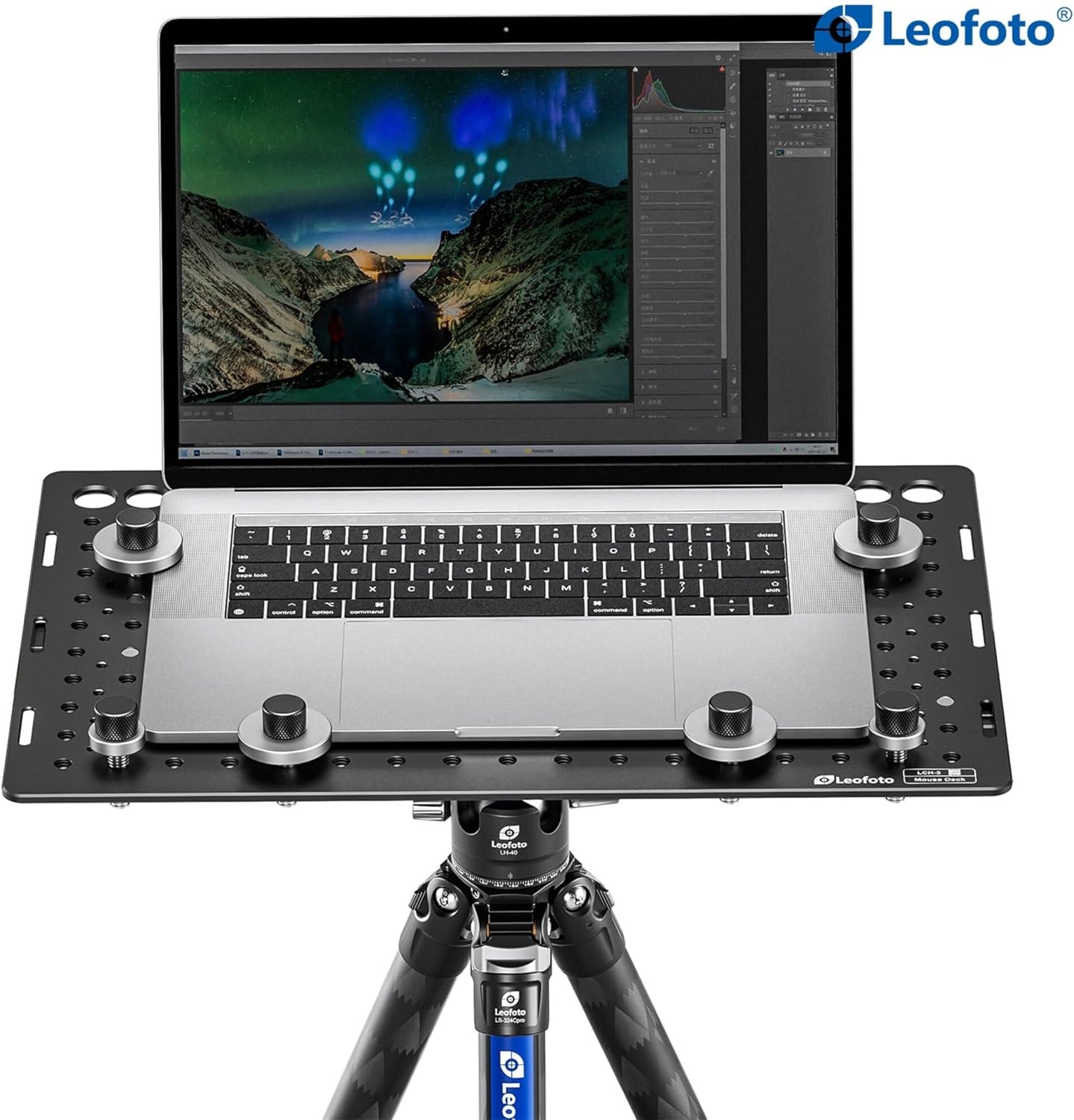 LEOFOTO Laptop Tray with 3/8" & 1/4" Mounting Holes, Universal Laptop Mount, Arca Standard, Secure Clamps, Tripod Compatible (LCH-3)