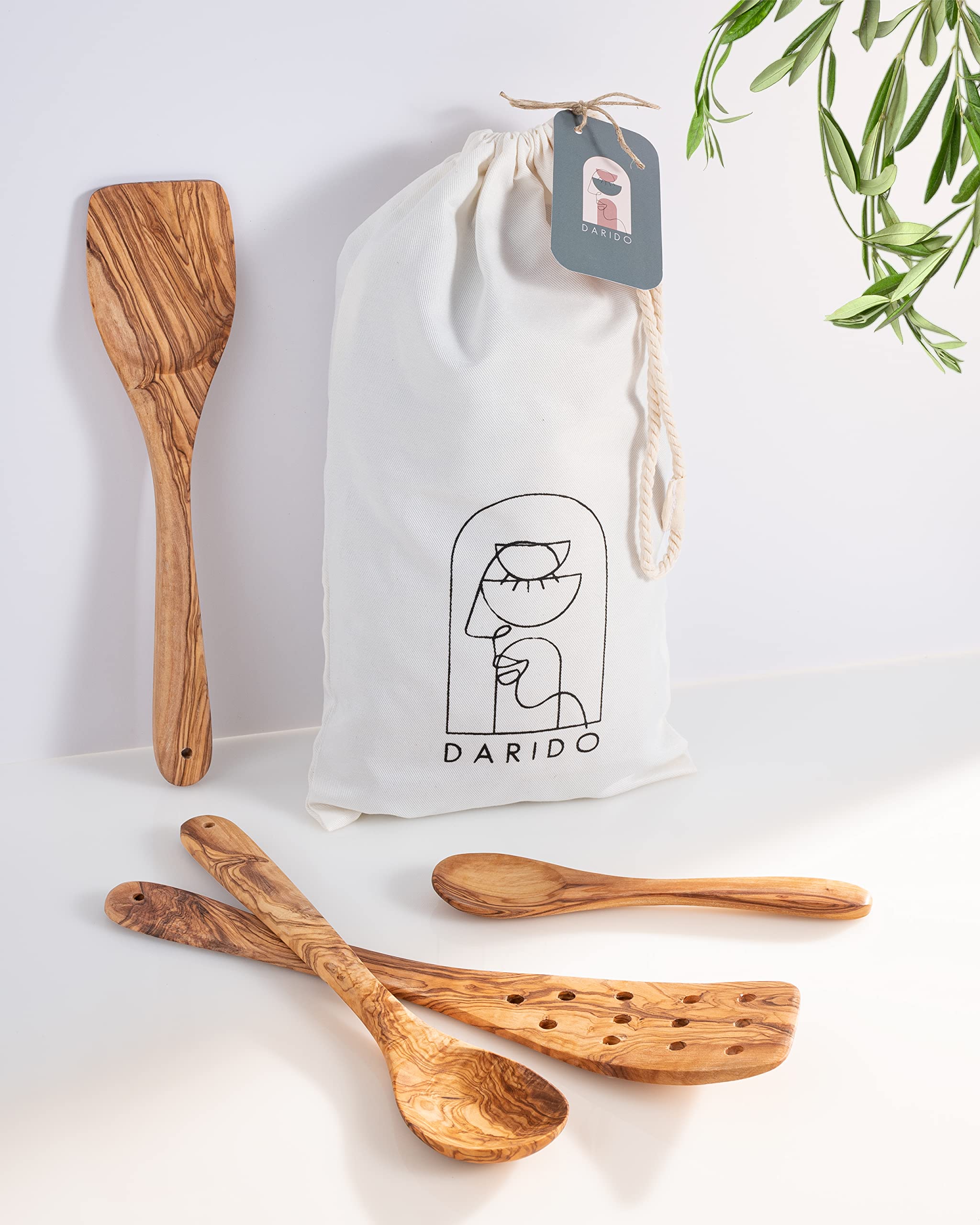 Set de 3 cucharas de cocina de madera de olivo Darido con cuchara extra pequeña - 30 cm - hecho a mano - resistente al calor - Utensilios - cuchara, espátula, espátula ranurada y cuchara pequeña