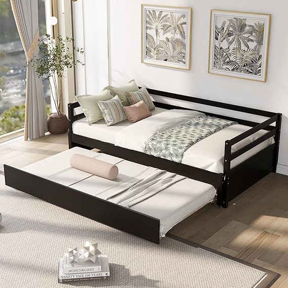 Twin Size Daybed with Trundle, Wood Extendable Day Bed