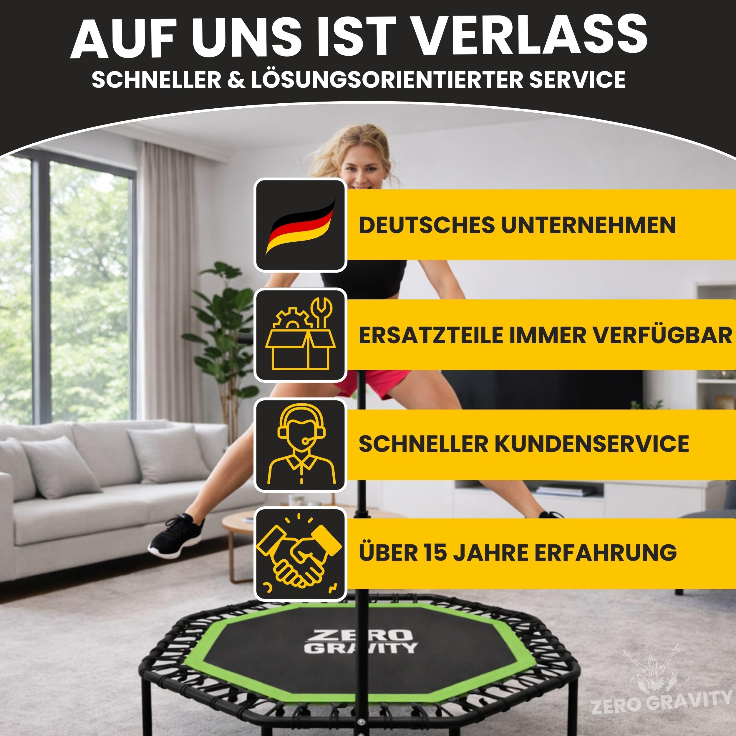 Zero Gravity Fitness Trampolin für Zuhause • Extra große Sprungfläche ideal für Jumping Fitness •Stabiles achteckiges Indoor Trampolin mit Haltegriff • Hochwertige Bungeeseilfederung • Bis 130 kg