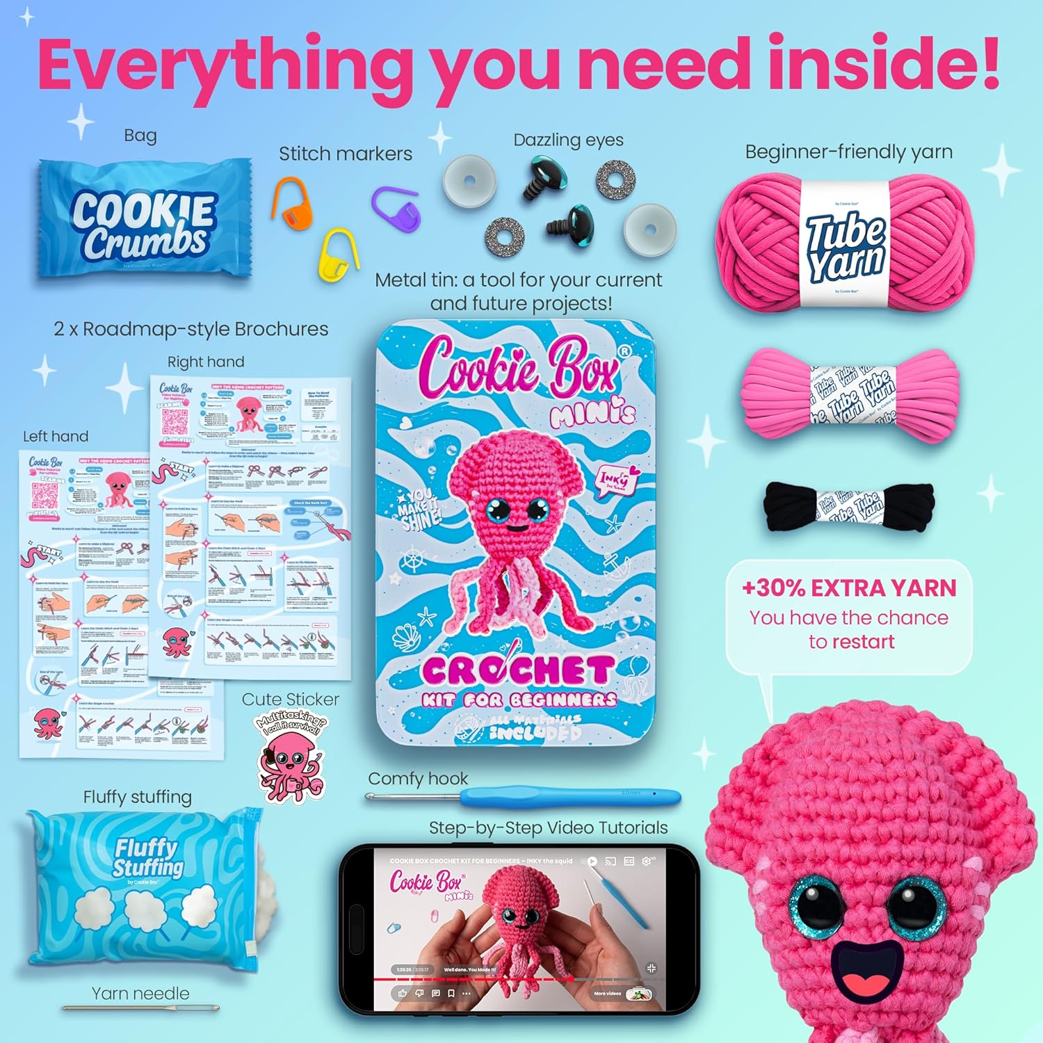 Cookie Box Crochet Kits for Beginners - Crab Eugene, Squid Inky - Bundle
