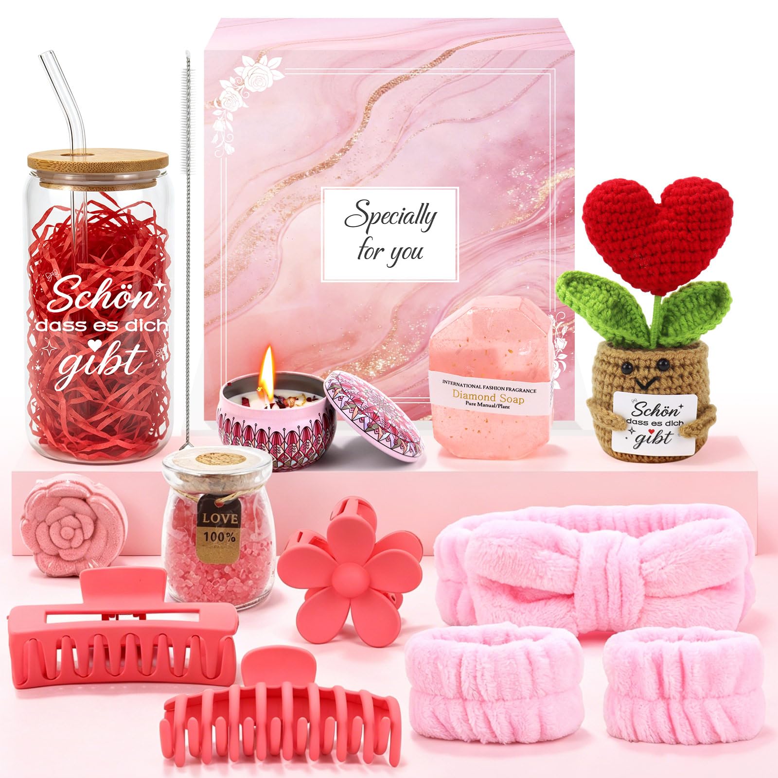 Geschenke für Frauen, Geburtstagsgeschenk für Freundin, Wellness Geschenkset Frauen für Beste Freundin, Schwester, Ehefrau, Mama & Kollegin mit Glasbecher Duftkerze Haarschmuck