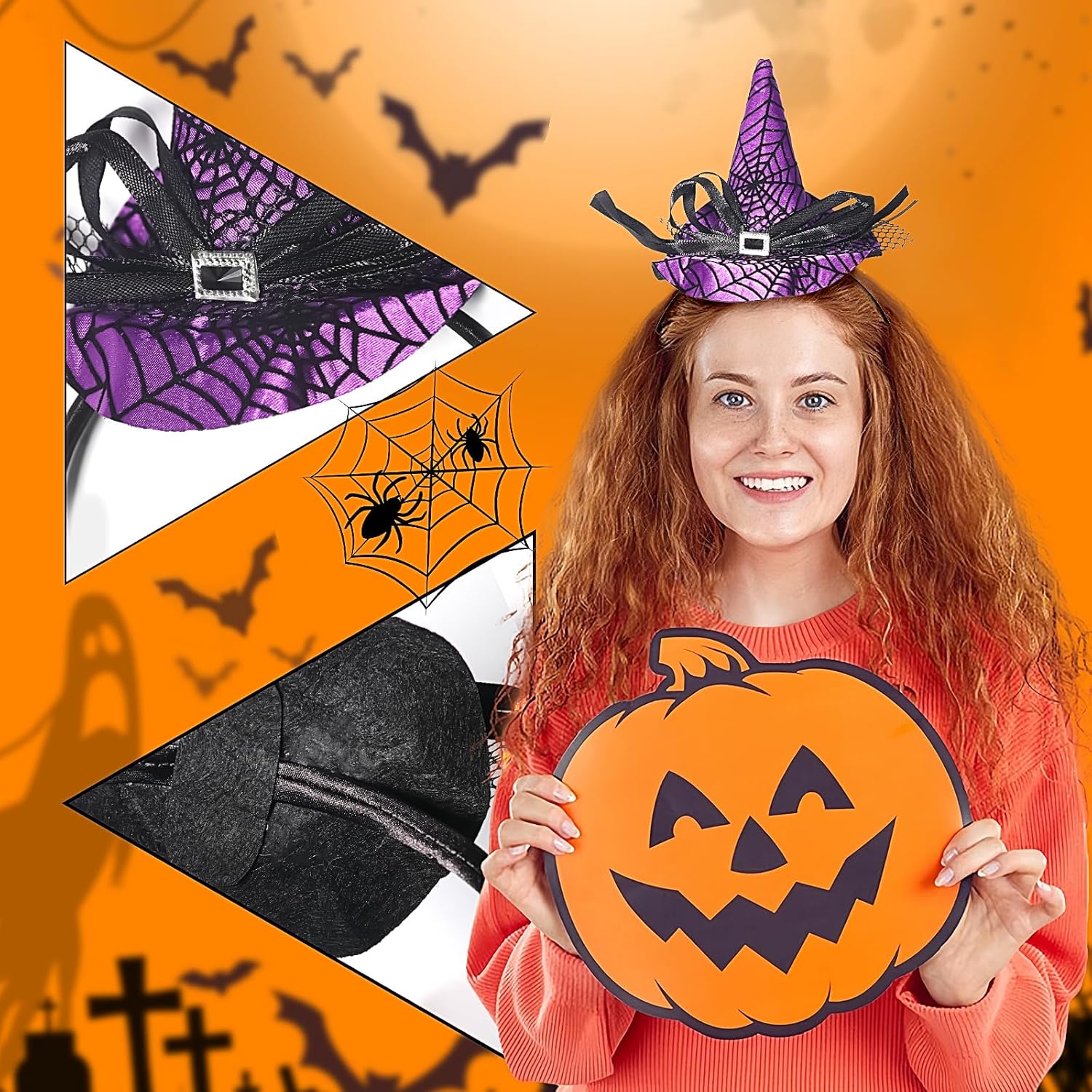 Condition photo showing New/Like New for Jacnkb Halloween Headband Halloween Witch Hat Hairband Spiderweb Witch Hair Hoop Style B Medium