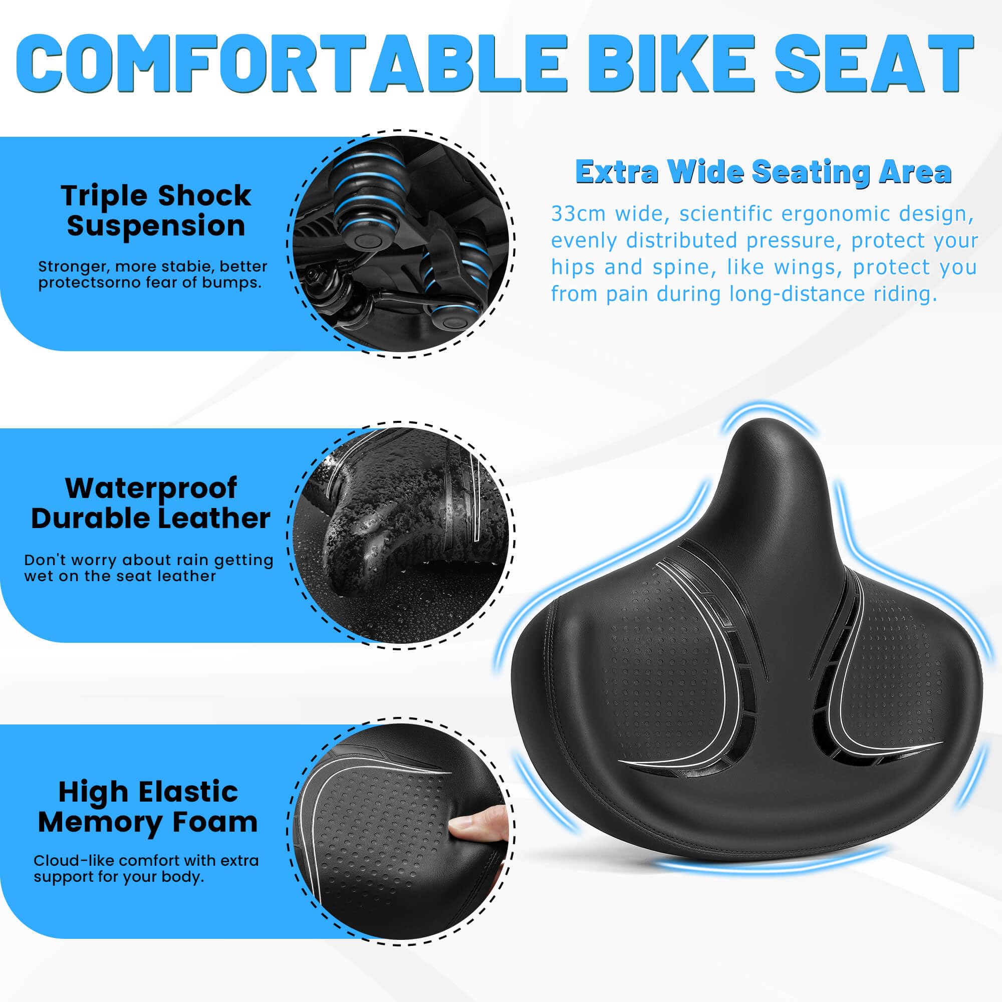 CDYWD Extra Larga Sella Bici Comoda Uomo e da Donna, Sellino Bici Morbido per Antiprostata, Con Sospensione e Comoda Indietro, Ergonomica Sedile Bici per Biciclette da MTB, City Bike, Ebike, Cyclette