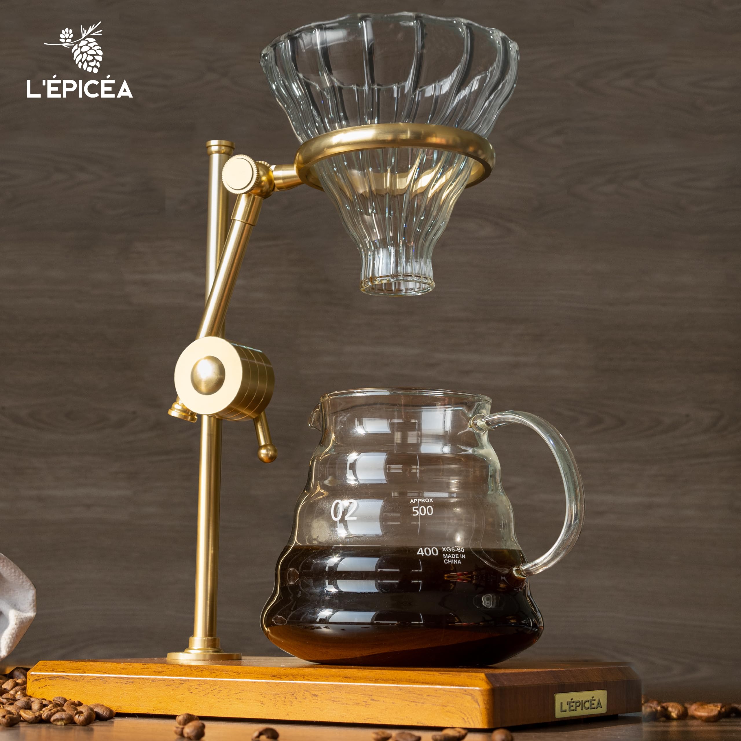 L'ÉPICÉA Juego de cafetera de vertido, cafetera con soporte, soporte ajustable de acero inoxidable, base de madera, filtros de papel, jarra de café de vidrio cónico, gotero de café