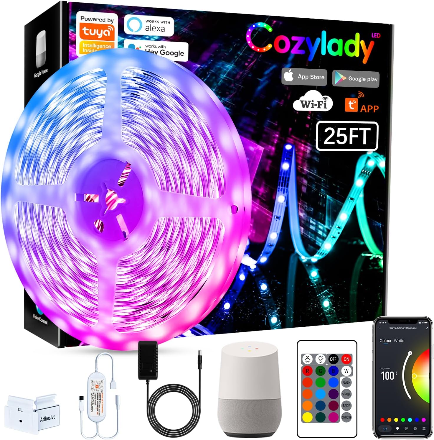 Cozylady Alexa LED Lights Strips for Bedroom 25FT, WiFi Controller