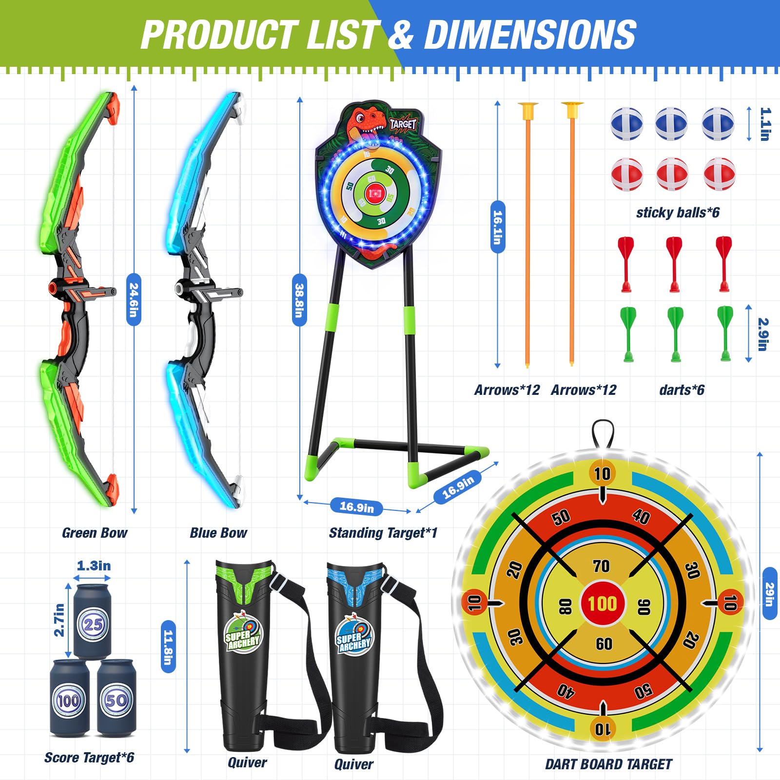 HYES 2 Pack Arco y Flechas con 29" Glow Dart Board, LED Iluminar el Dinosaurio Tiro con Arco con Flechas de Succión, Objetivo de Resplandor, Regalos Juguete para Niños Niñas Interior y Exterior