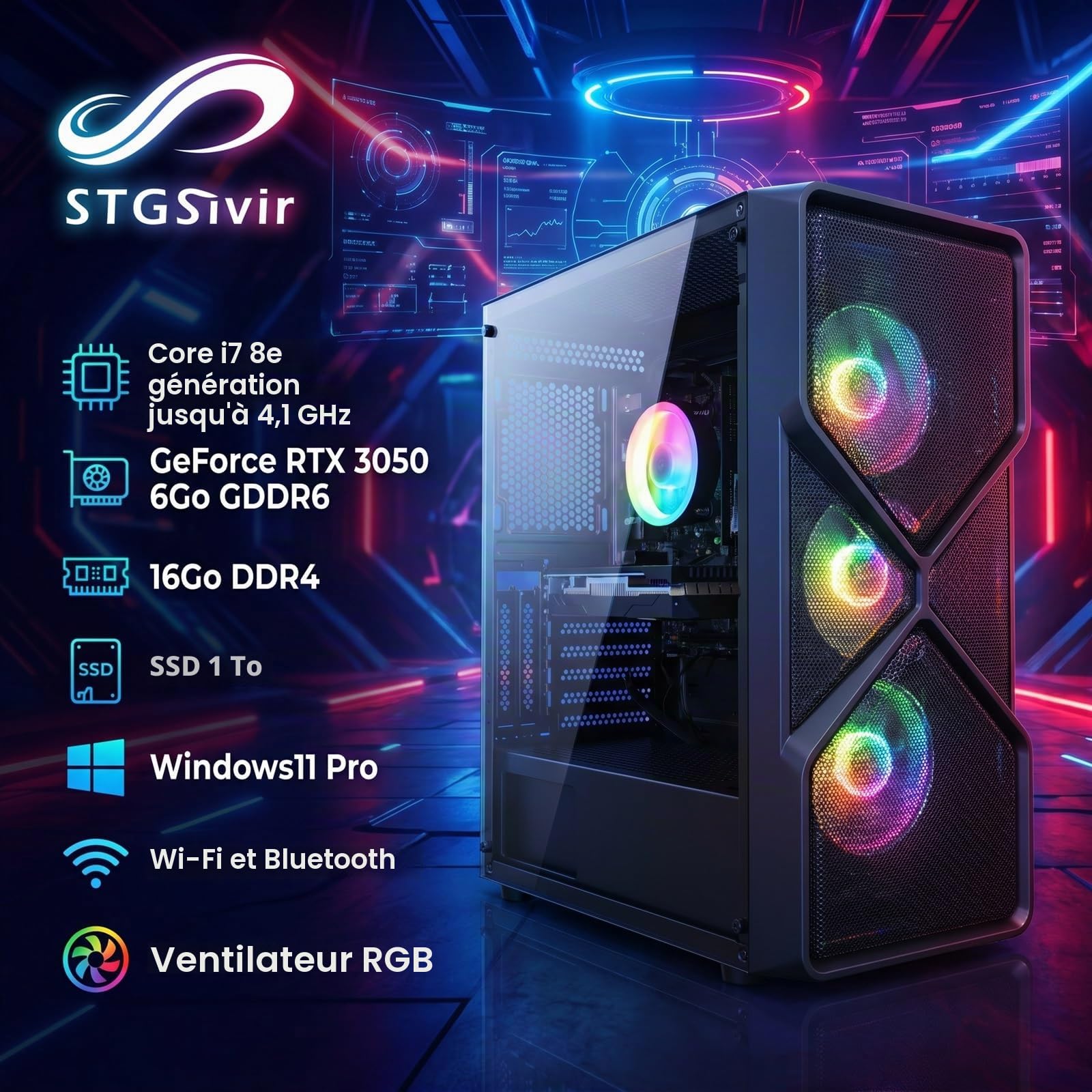 STGsivir PC Gamer Fixe, Core i7 Gen8, RTX 3050 6G, 16G DDR4, 1T SSD