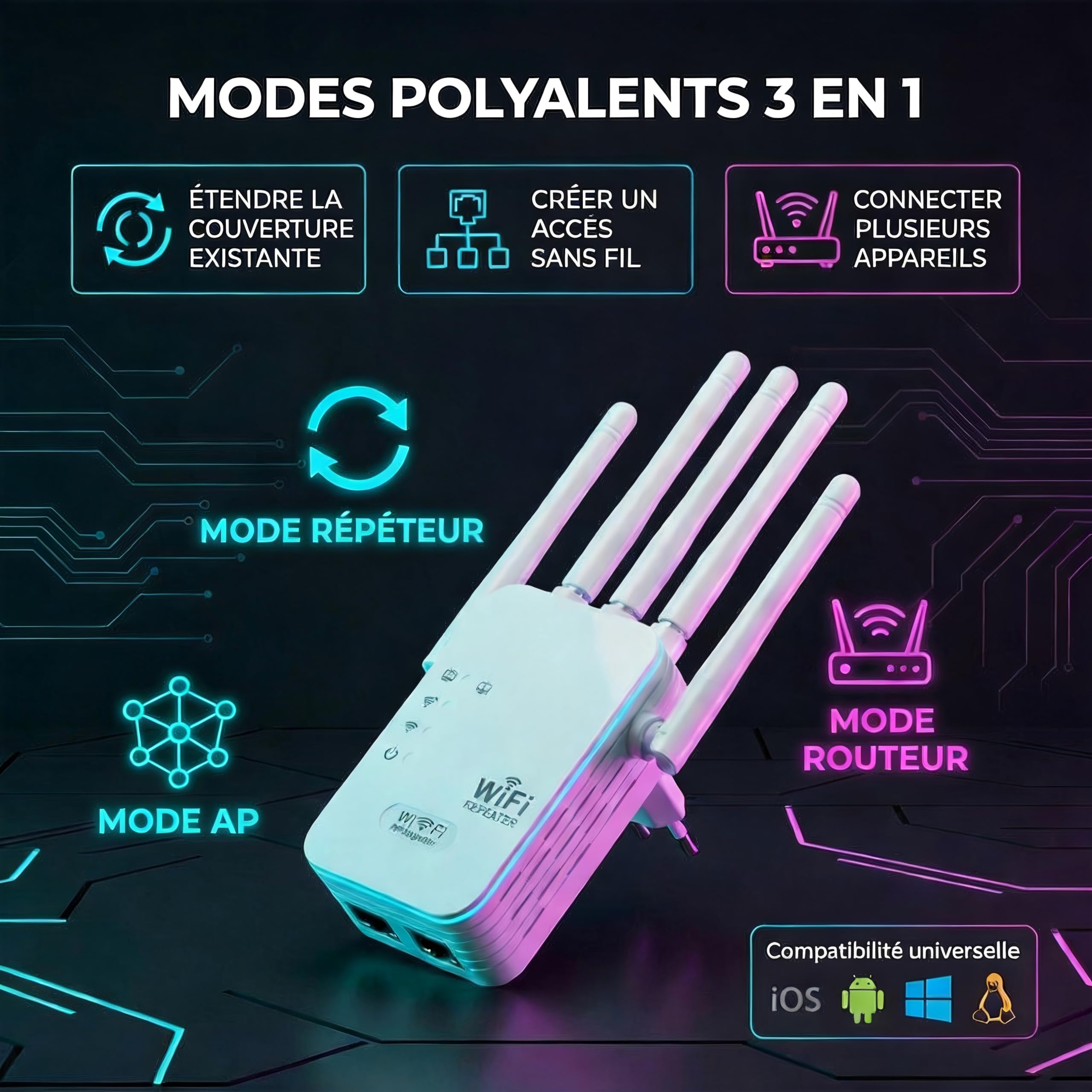 Repeteur WiFi Puissant 1200M,Amplificateur WiFi,Répéteur WiFi avec 6 Antennes Externes Puissantes,Zone de Couverture 1200㎡,2 Ports LAN pour la Maison et Le Bureau（Blanc）