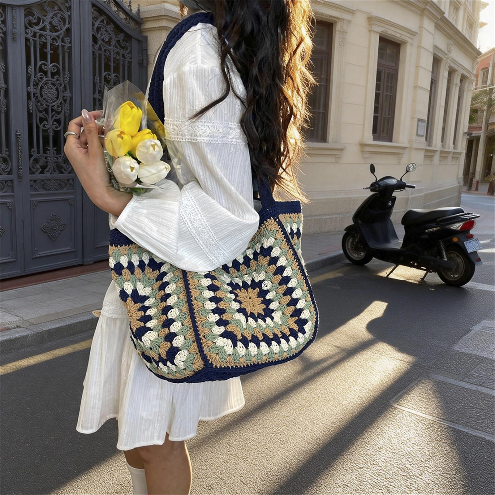 borsa donna estiva Borsa in tessuto lavorato a maglia scavata in stile coreano a tracolla etnica intrecciata for vacanze in tinta unita all'uncinetto