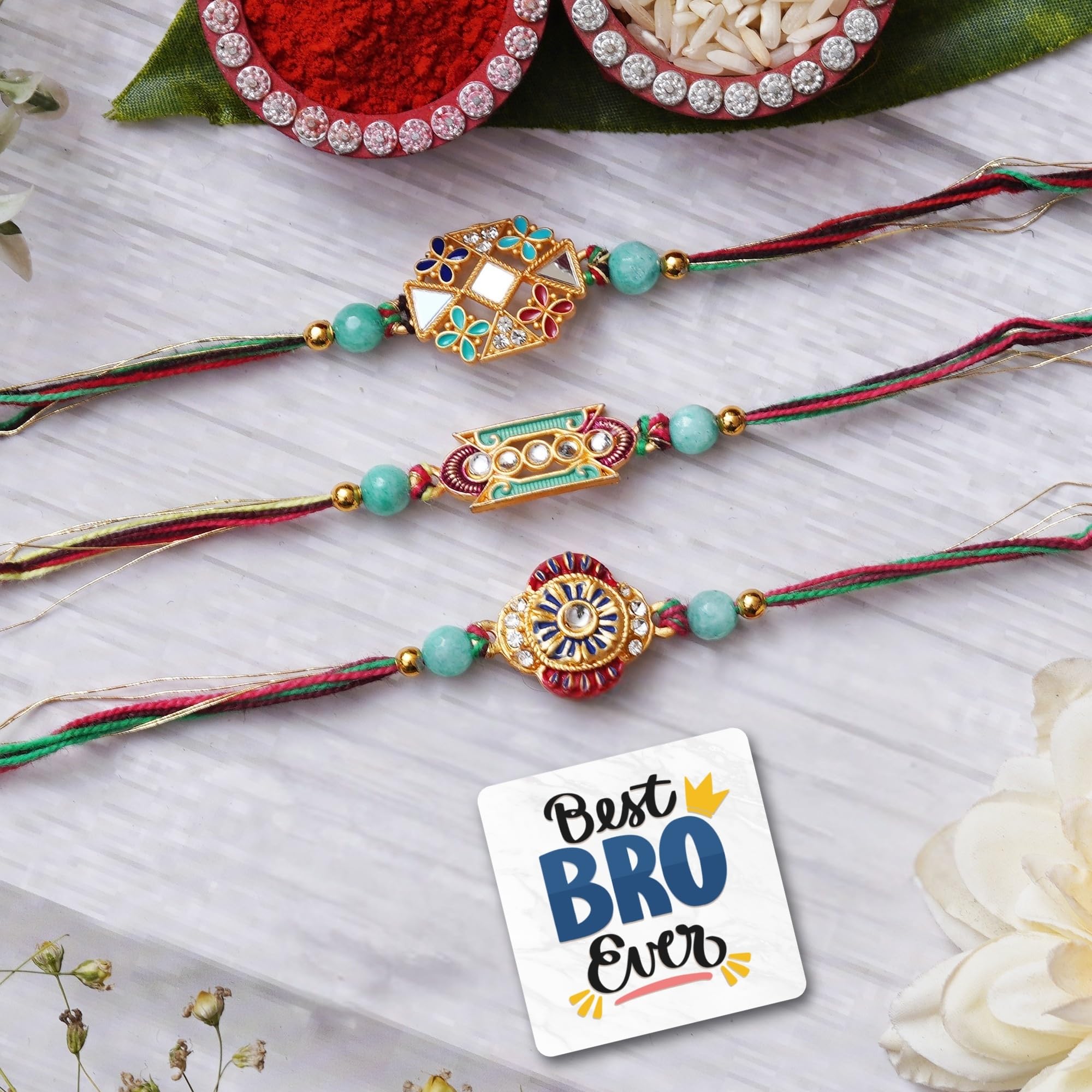 eCraftIndia Set of 3 Beautiful Designer Rakhis, Best Bro Ever Fridge Magnet with Roli Chawal Pack - Rakhis for Brother, Bhabhi, Kids-image-18
