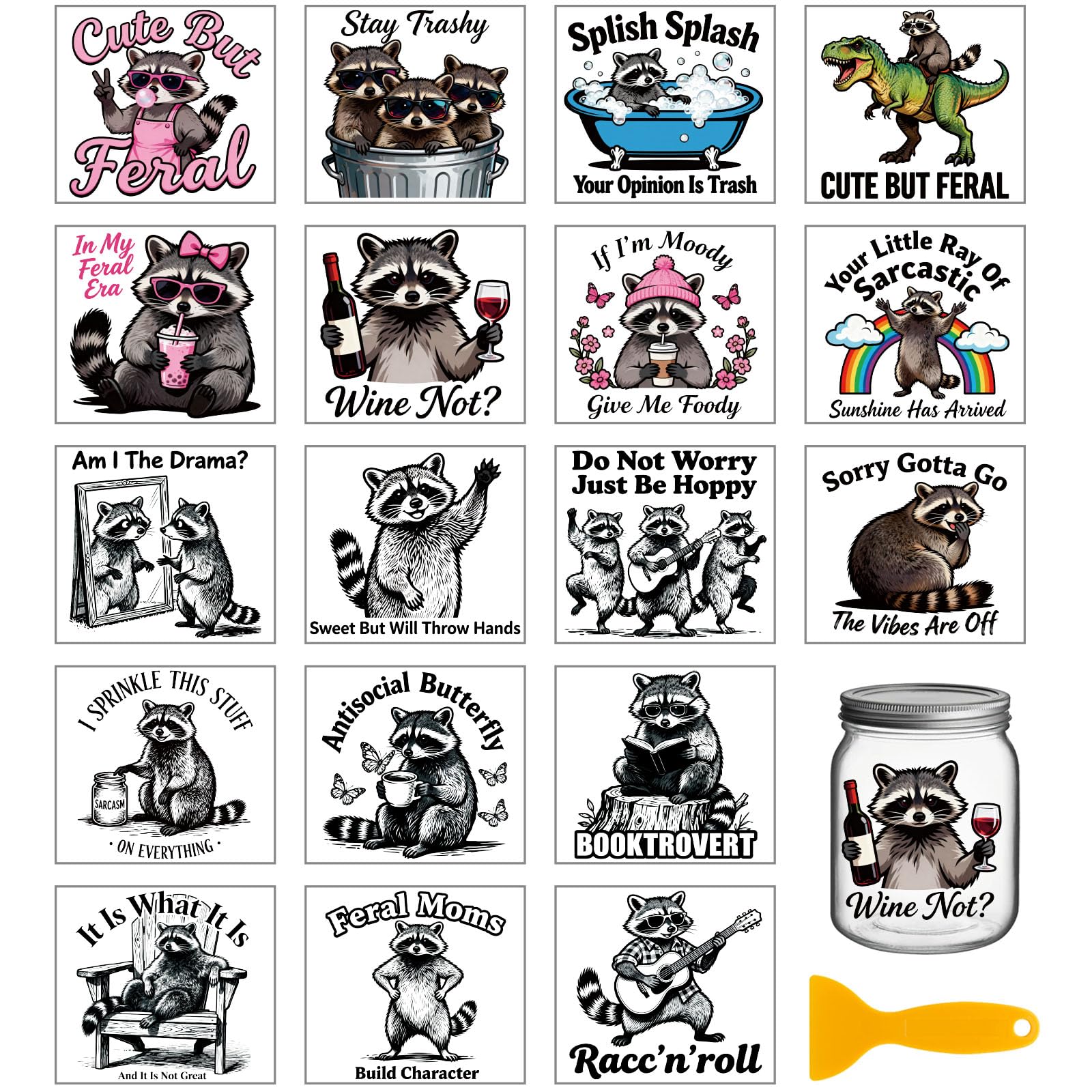 GLOBLELAND 18 Sheets Funny Raccoon Transfer Stickers 3.9x3.6inch Cute Feral Raccoon Transfer Decal Daily Raccoon Rub on Transfer for Furniture Vase Glass Art Crafts Decorations โ image 1