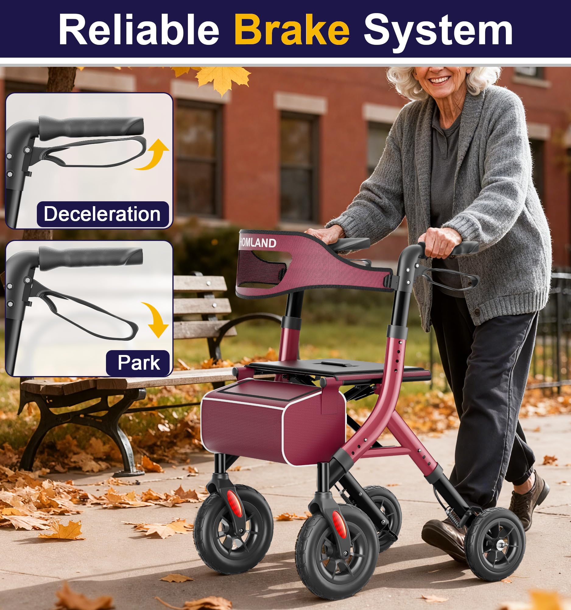 HOMLAND All-Terrain Rollator Walker with Seat for Seniors, Aluminum Frame — Amazon image 5