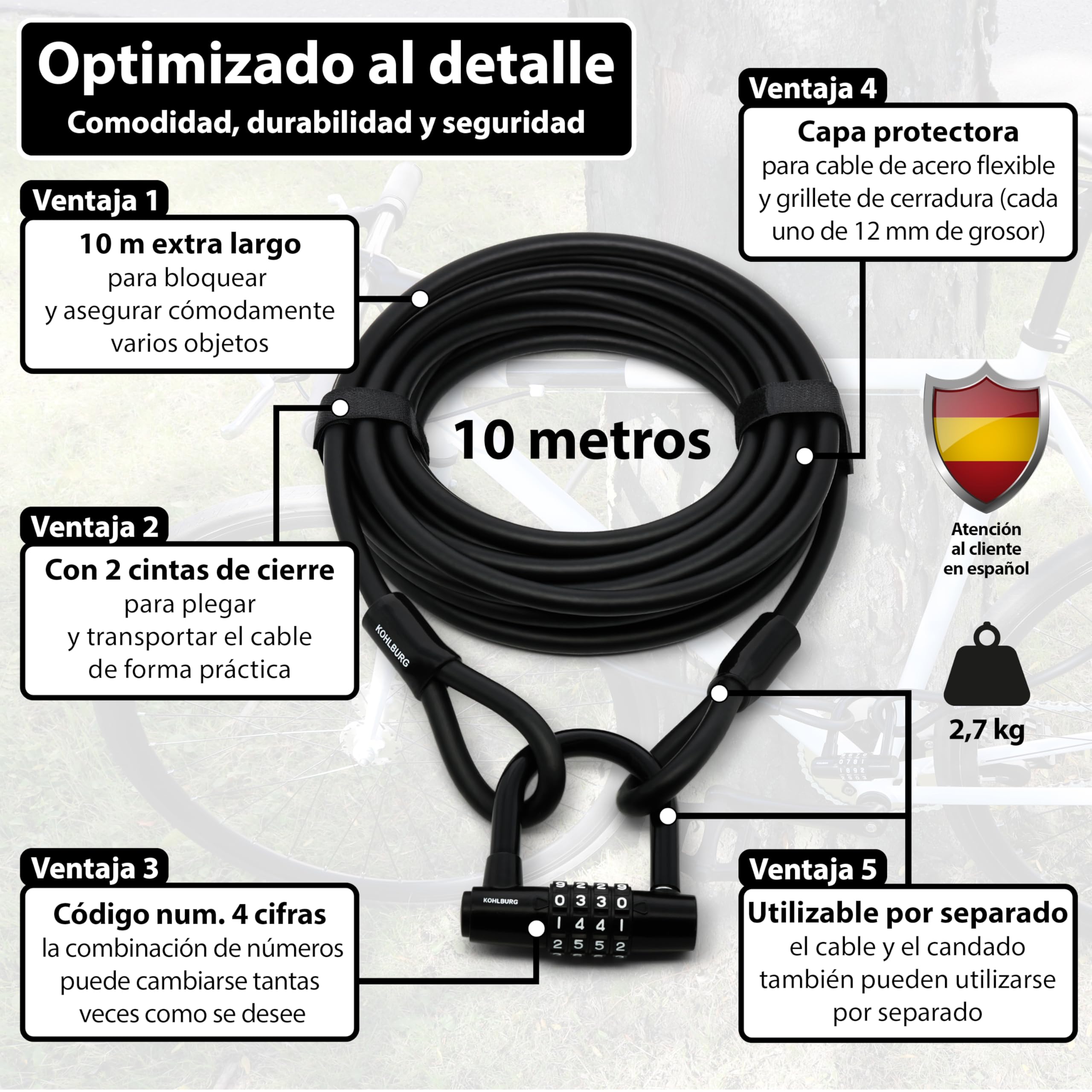 KOHLBURG Candado de cable con combinación [10 metros de largo] – Cable de acero de 10m revestido, con correas y candado de combinación – para varias bicis, embarcaciones, muebles de jardín