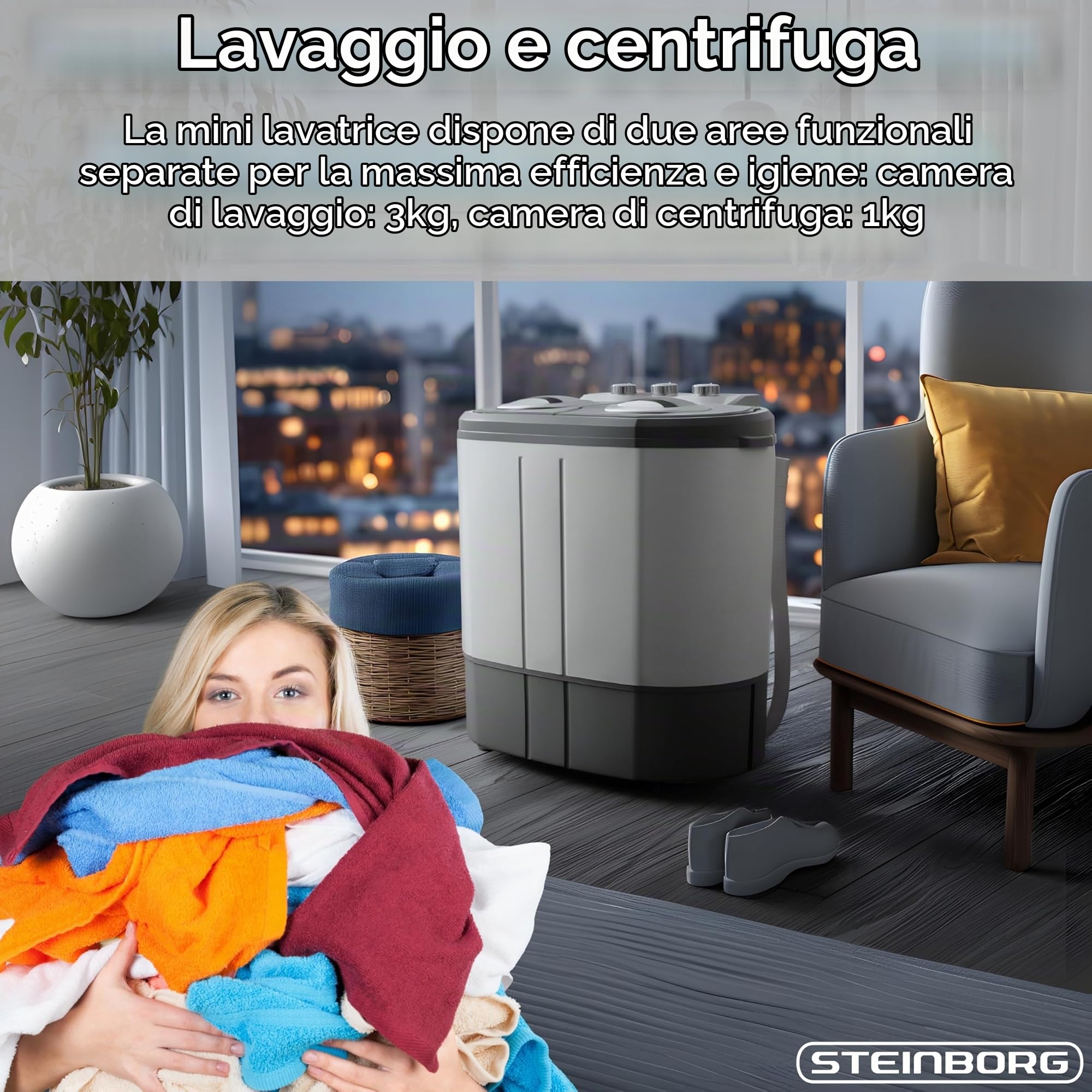 Steinborg Mini lavatrice con centrifuga, toploader a 2 scomparti, capacità di lavaggio fino a 3 kg, borsa centrifuga fino a 1 kg, lavatrice compatta, ideale per campeggio, viaggi e piccole famiglie