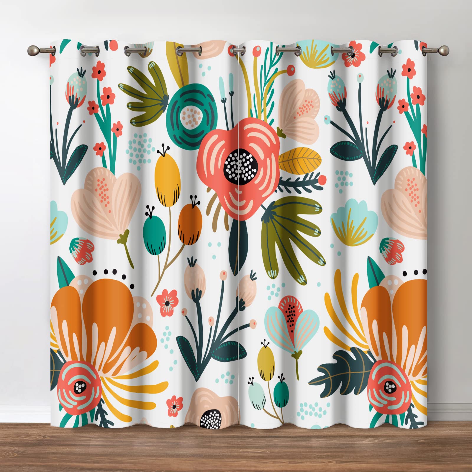 Jekeno Floral Blackout Curtains, Boho Colorful Flowers Print Decor for Home Bedroom Living Room Grommet Window Darkening Drapes, 52 Wide 84 Long