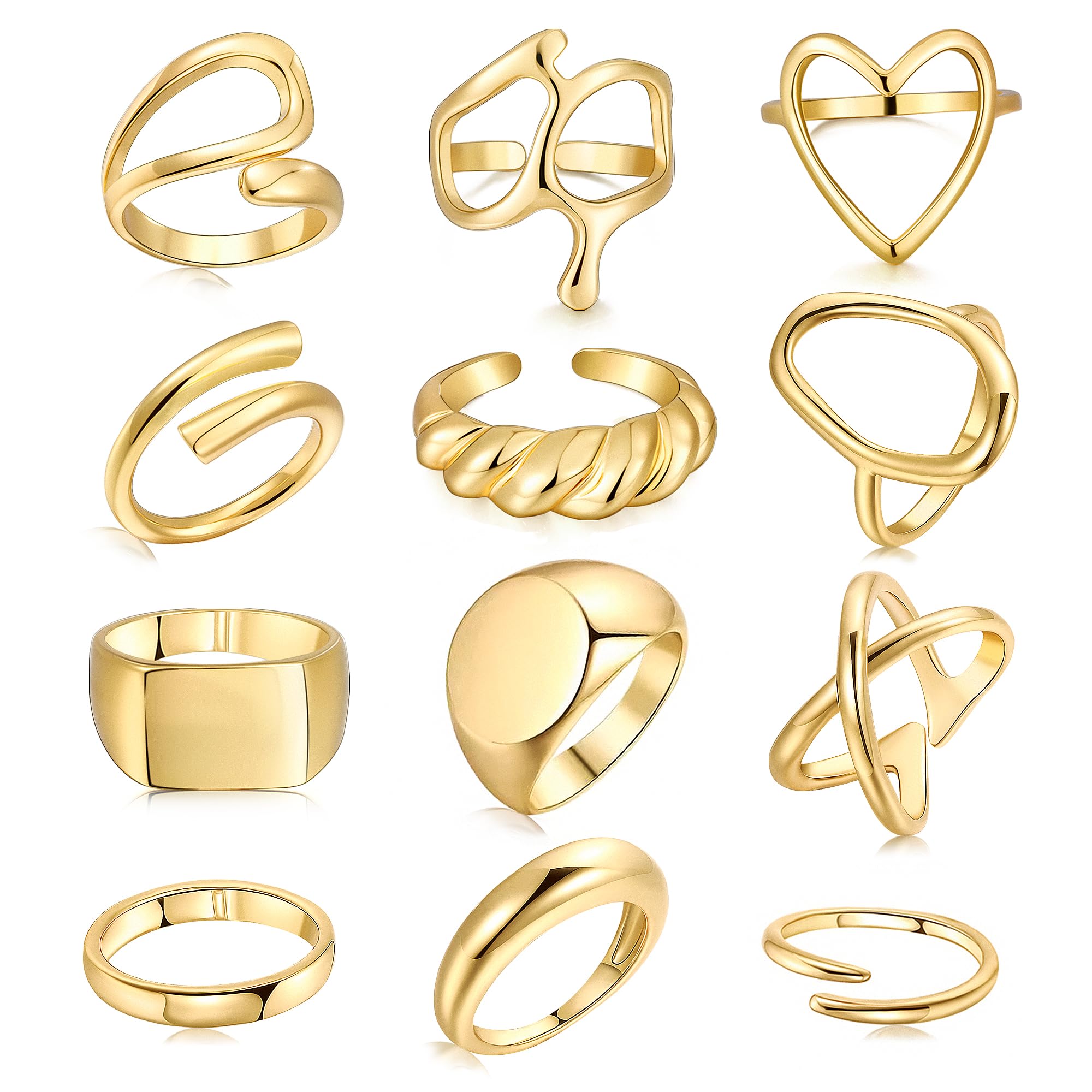 FAXHION 10PCS 18K Gold Chunky Rings for Women Girls, Gold Plated Twisted Rings Set Pack Stackable Knuckle Midi Rings Adjustable Open Ring Band Statement Jewelry, Non-Precious Metal