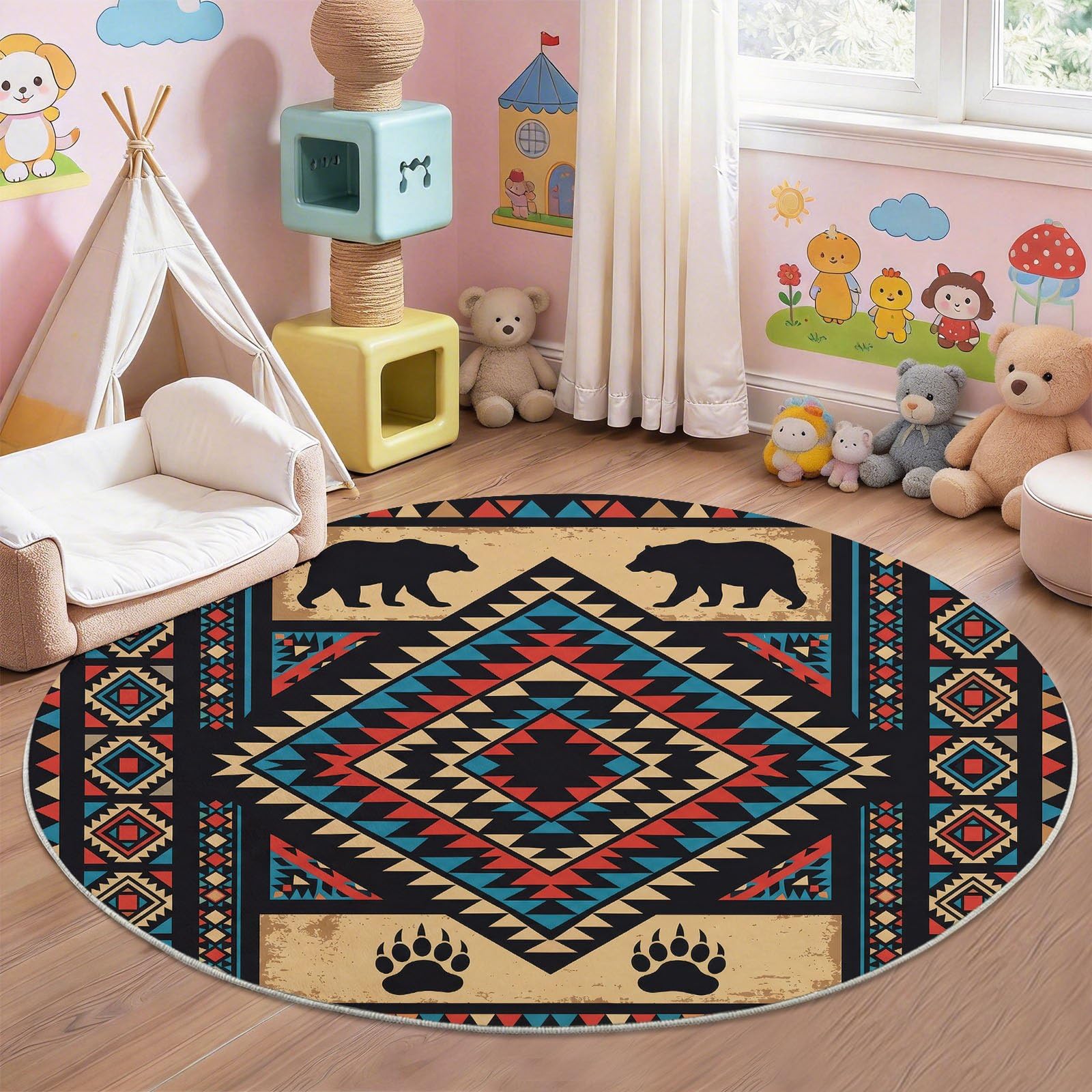 Tappeto etnico suoccidentale rotondo a pelo corto, 120 cm, lavabile, per soggiorno, camera da letto, tradizionale motivo geometrico a rombi, antiscivolo, tappeto rotondo per cameretta dei bambini