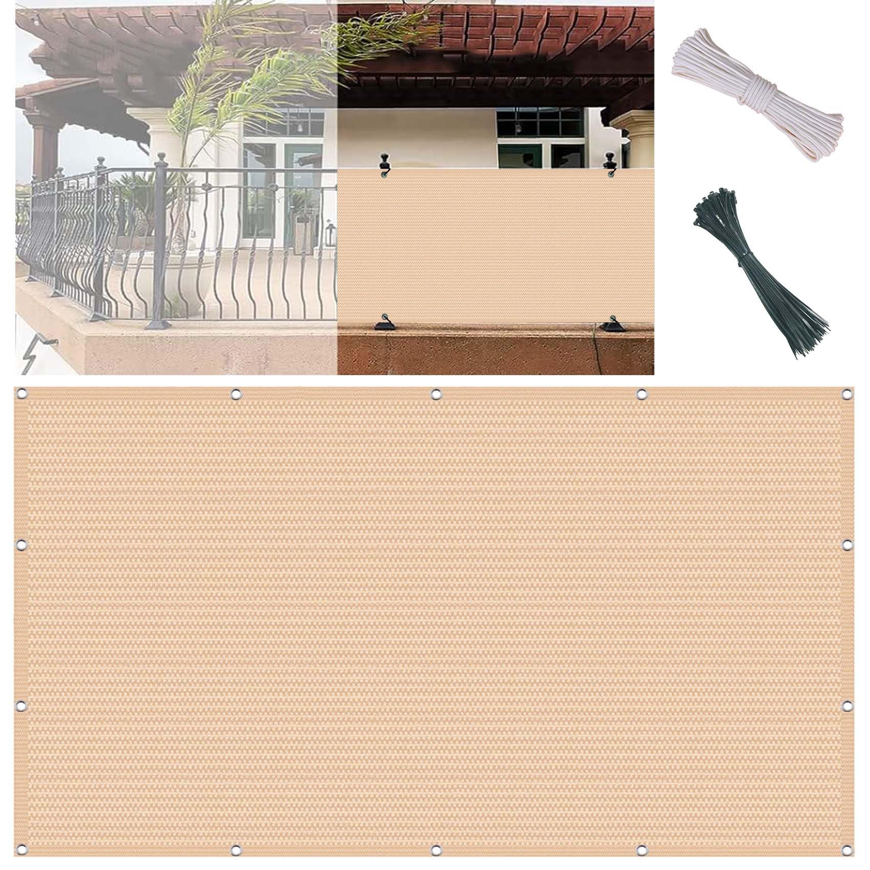 Konfigurowalna osłona przeciwsłoneczna na balkon, 55 x 800 cm, zapobiegająca podglądaniu, ochronna plandeka siatkowa z oczkami, wiązaniami i liną, do balustrady tarasowej, kremowa tkanina z filtrem