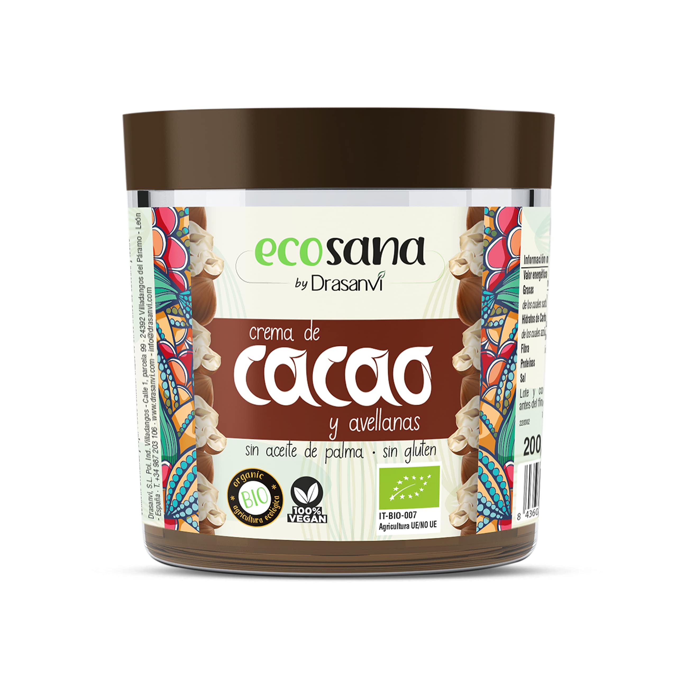 ECOSANA CREMA DE CACAO Y AVELLANAS CERTIFICADO BIO by DRASANVI - Ingredientes de procedencia ecológica - SIN aceite de palma - VEGANO - SIN GLUTEN - 200g