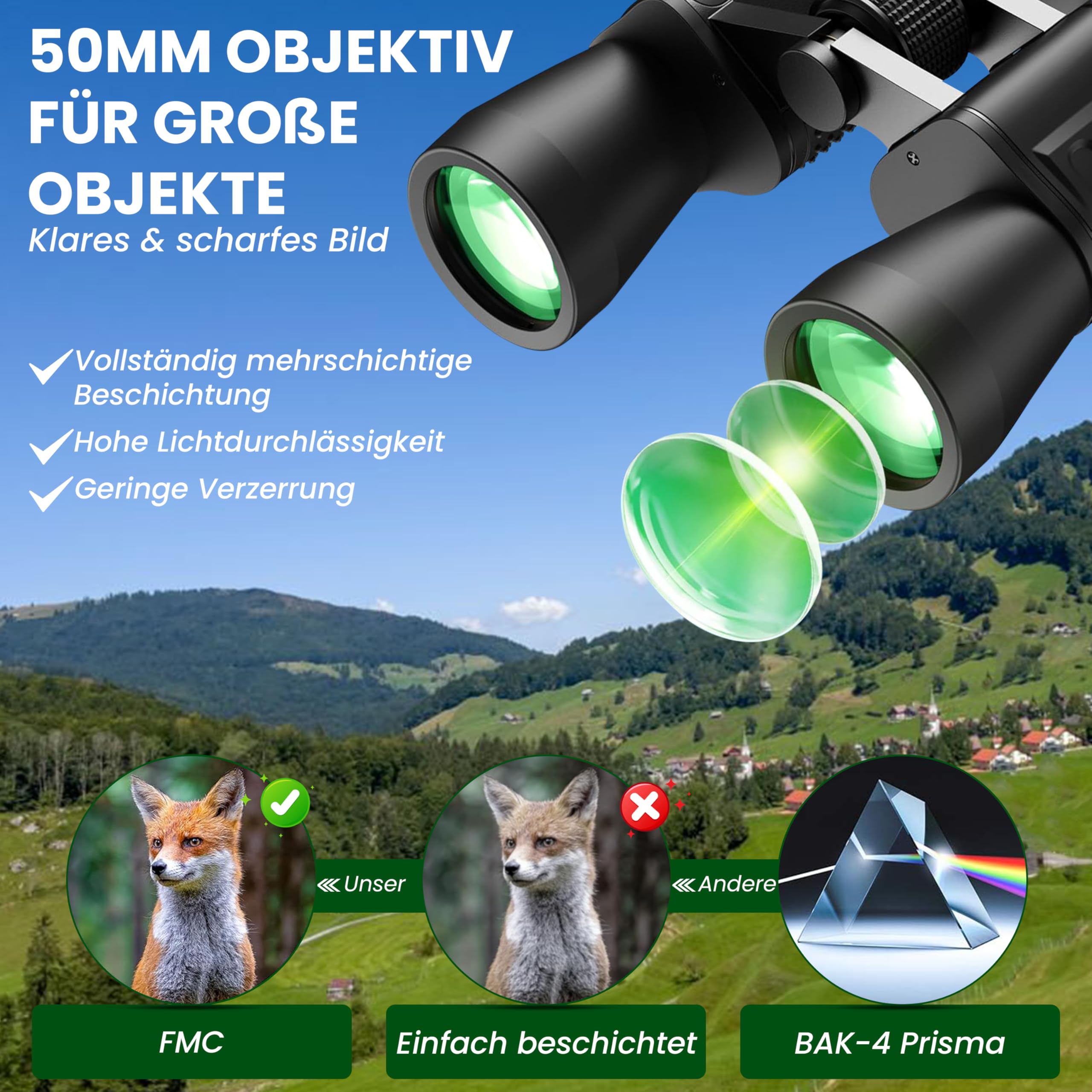 Prismáticos de calidad HD 20 x 50 | Potente cortadora de campo incluye bolsa, cubiertas de lentes y paño de limpieza, ideal para exteriores, senderismo, safari, caza, observación de