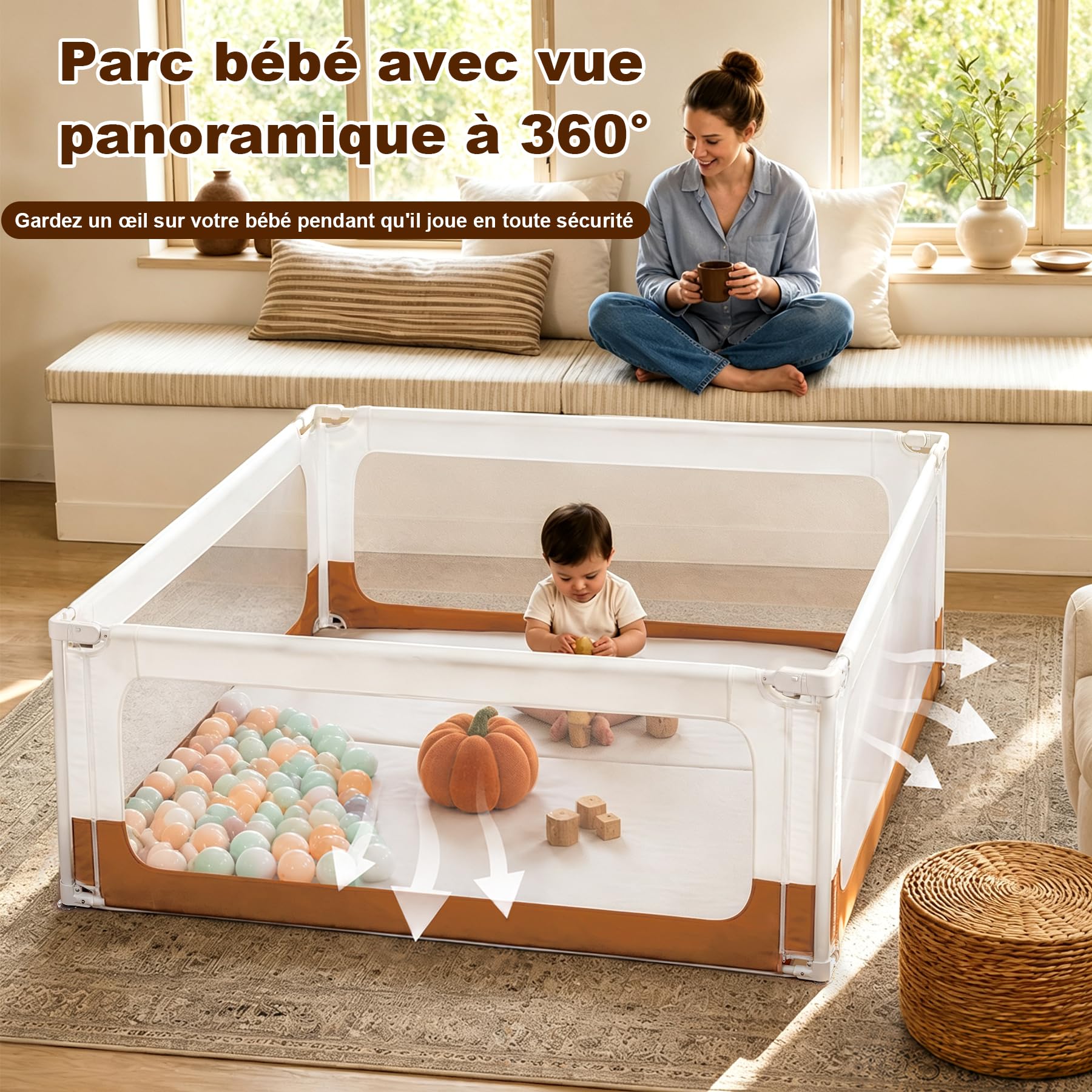 Parc Bebe 150x180 cm, Parc pour Bébés et Tout-Petits, Parc Bébé Intérieur avec Coins Renforcés, Double Verrouillage de Sécurité, Filet Respirant, Idéal pour Ramper et Apprendre à Marcher
