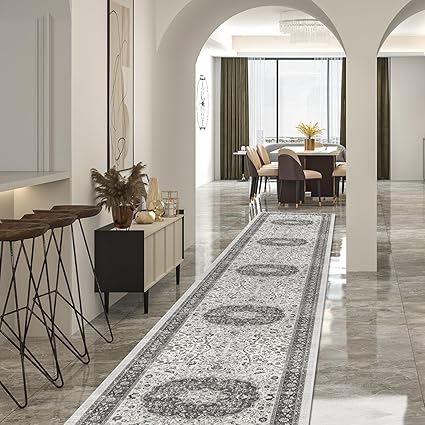 Hallway Washable Runner Rug - 2'6x14 Kitchen Rugs Entryway Rug Runner Vintage Soft Floor Mat Non Slip Indoor Farmhouse Carpet for Bathroom Living Room Bedroom (2'6''x14', Grey)