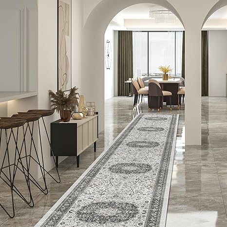 Hallway Washable Runner Rug - 2'6x14 Kitchen Rugs Entryway Rug Runner Vintage Soft Floor Mat Non Slip Indoor Farmhouse Carpet for Bathroom Living Room Bedroom (2'6''x14', Grey)