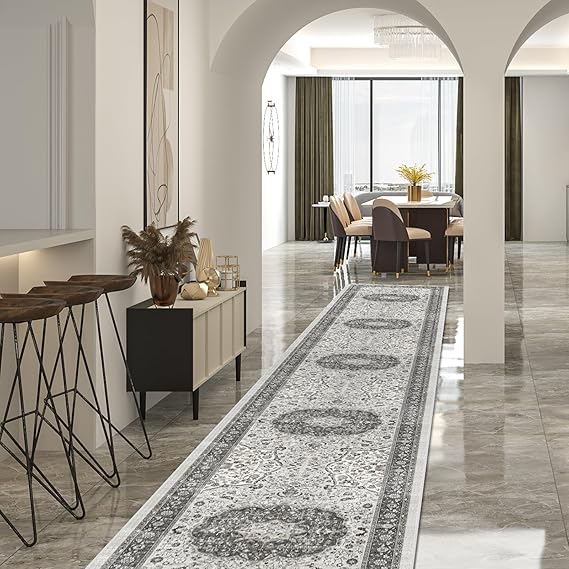 Hallway Washable Runner Rug - 2'6x14 Kitchen Rugs Entryway Rug Runner Vintage Soft Floor Mat Non Slip Indoor Farmhouse Carpet for Bathroom Living Room Bedroom (2'6''x14', Grey)