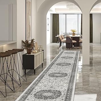 Hallway Washable Runner Rug - 2'6x14 Kitchen Rugs Entryway Rug Runner Vintage Soft Floor Mat Non Slip Indoor Farmhouse Carpet for Bathroom Living Room Bedroom (2'6''x14', Grey)