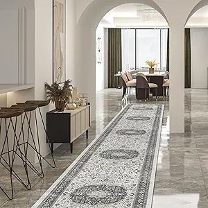 Hallway Washable Runner Rug - 2'6x14 Kitchen Rugs Entryway Rug Runner Vintage Soft Floor Mat Non Slip Indoor Farmhouse Carpet for Bathroom Living Room Bedroom (2'6''x14', Grey)
