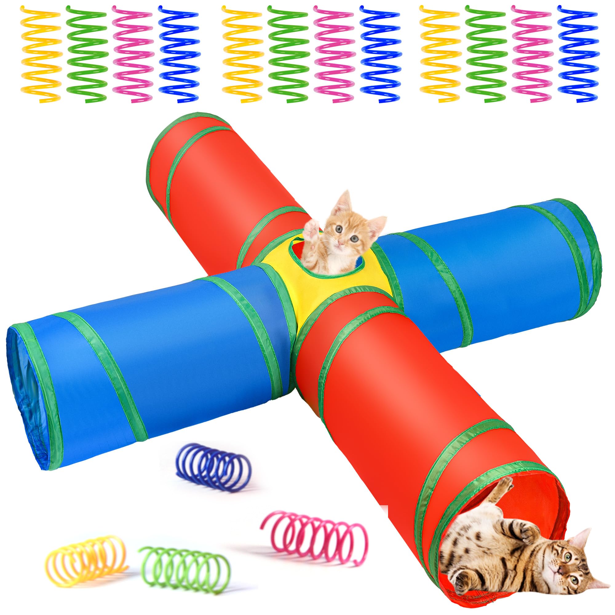 ZeyZoo Christmas Cat Toys, Cat Tunnel 4 Way Collapsible, Interactive Tunnels for Indoor Cats, 12 PCS Cats Springs Toy Kitty Kitten Toys Pack, Rabbit