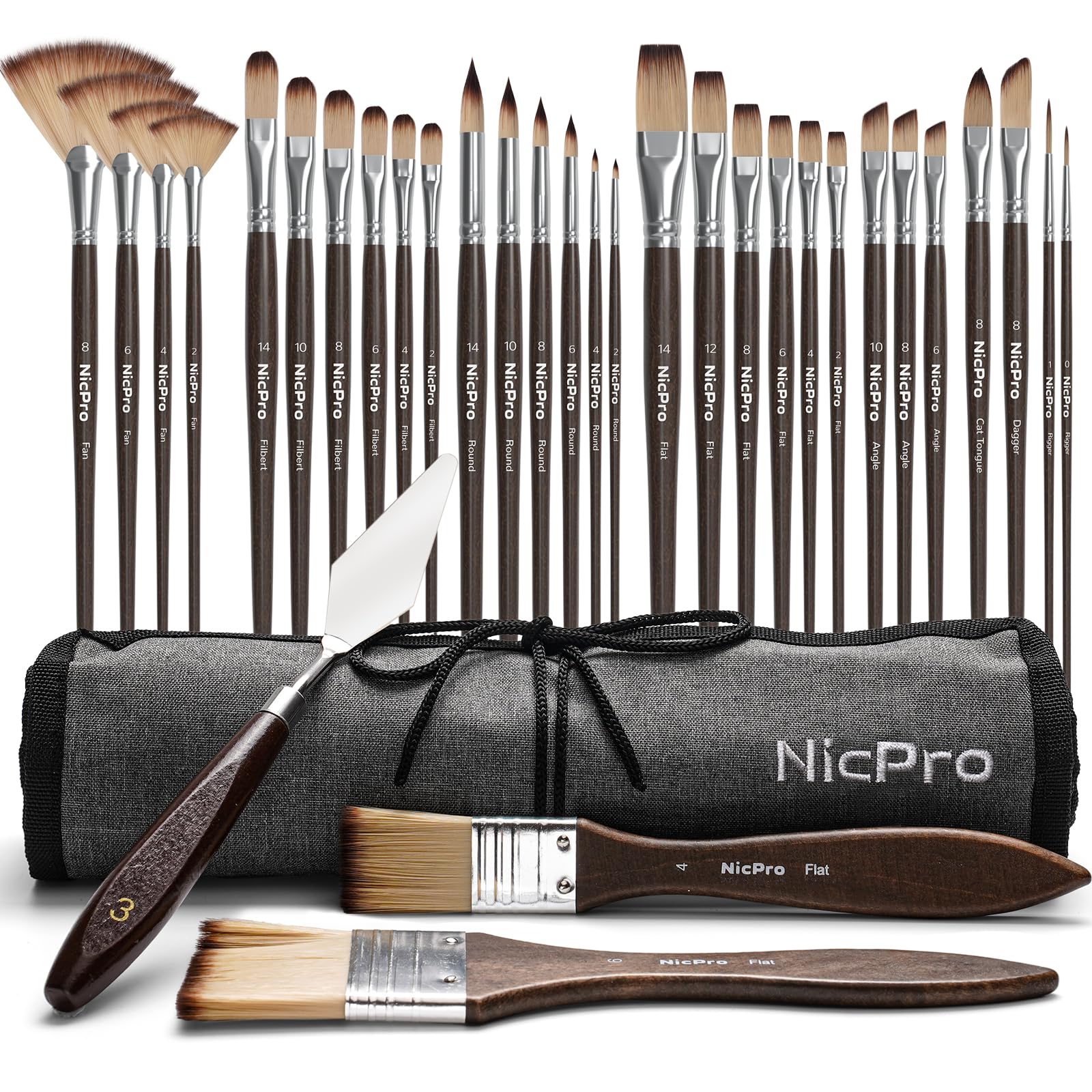 Nicpro 32pcs Paint Brush Set, Professional Paintbrushes with Paint Spatula and Cloth Roll Case, Craft Paint Brushes for Acrylic Painting, Oil, Watercolor, Gouache, Art Supplies for Artists Beginners