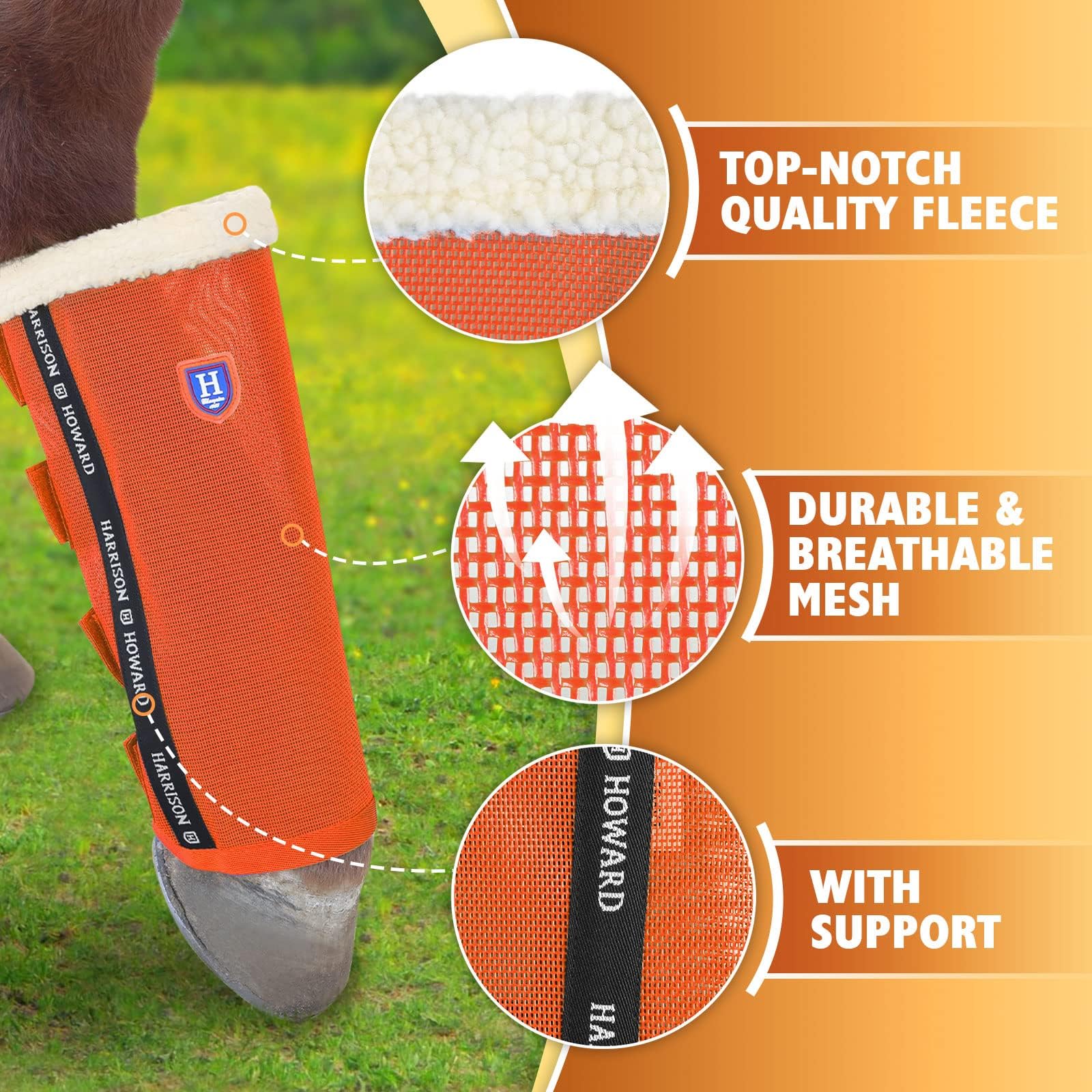 Harrison Howard Lot de 4 guêtres anti-mouches amples avec protection UV, respirantes, résistantes aux déchirures en maille fine, confortables avec bordure en laine ultra douce - Orange vif (moyen)