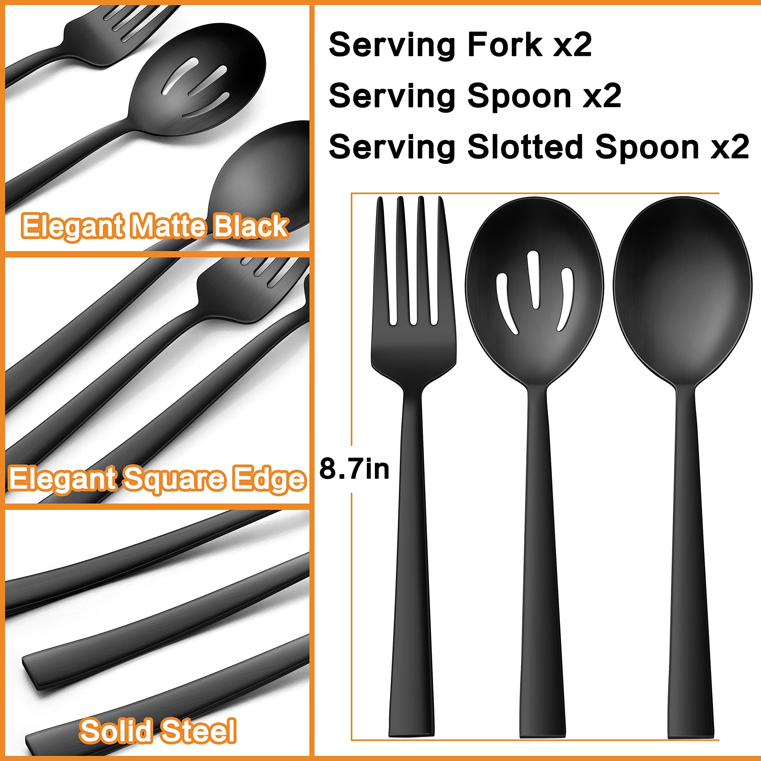 E-far Lot de 6 ustensiles de service en acier inoxydable noir mat de 22,6 cm avec bord carré, cuillères, fourchettes fendues en métal pour buffet de fête, traiteur, passent au lave-vaisselle