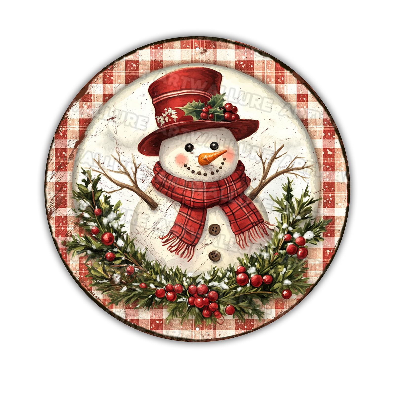 Vintage Snowman Wreath Sign Round Metal Christmas Decor for Front Door, Porch and Fireplace Mantle 8x8Inch