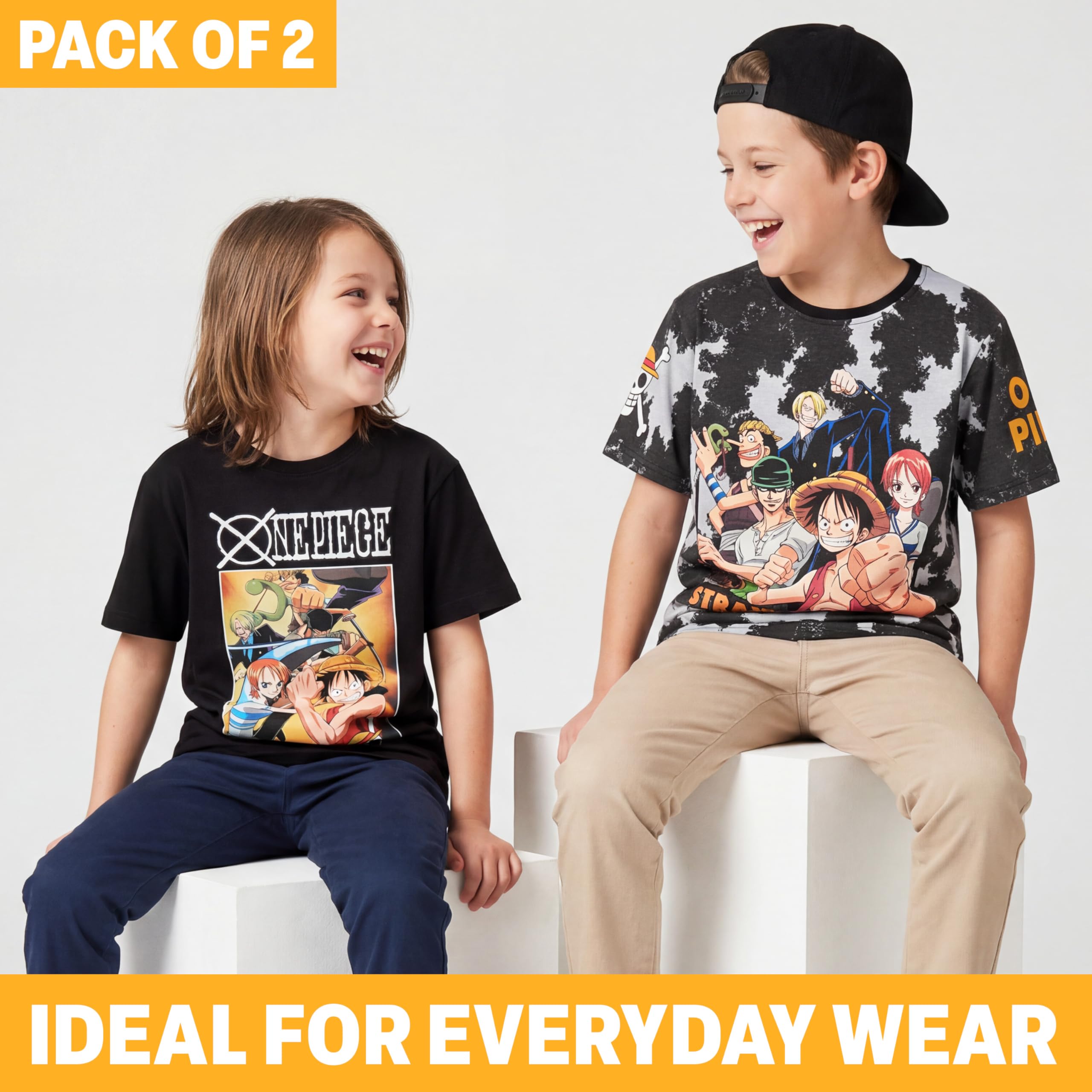One Piece | Dragon Ball Z T-Shirt Garcon, Lot de 2 Ras du Cou et Manches Courtes Coton T Shirt Ete, Douce et Respirant, Anime Merch Idee Cadeau